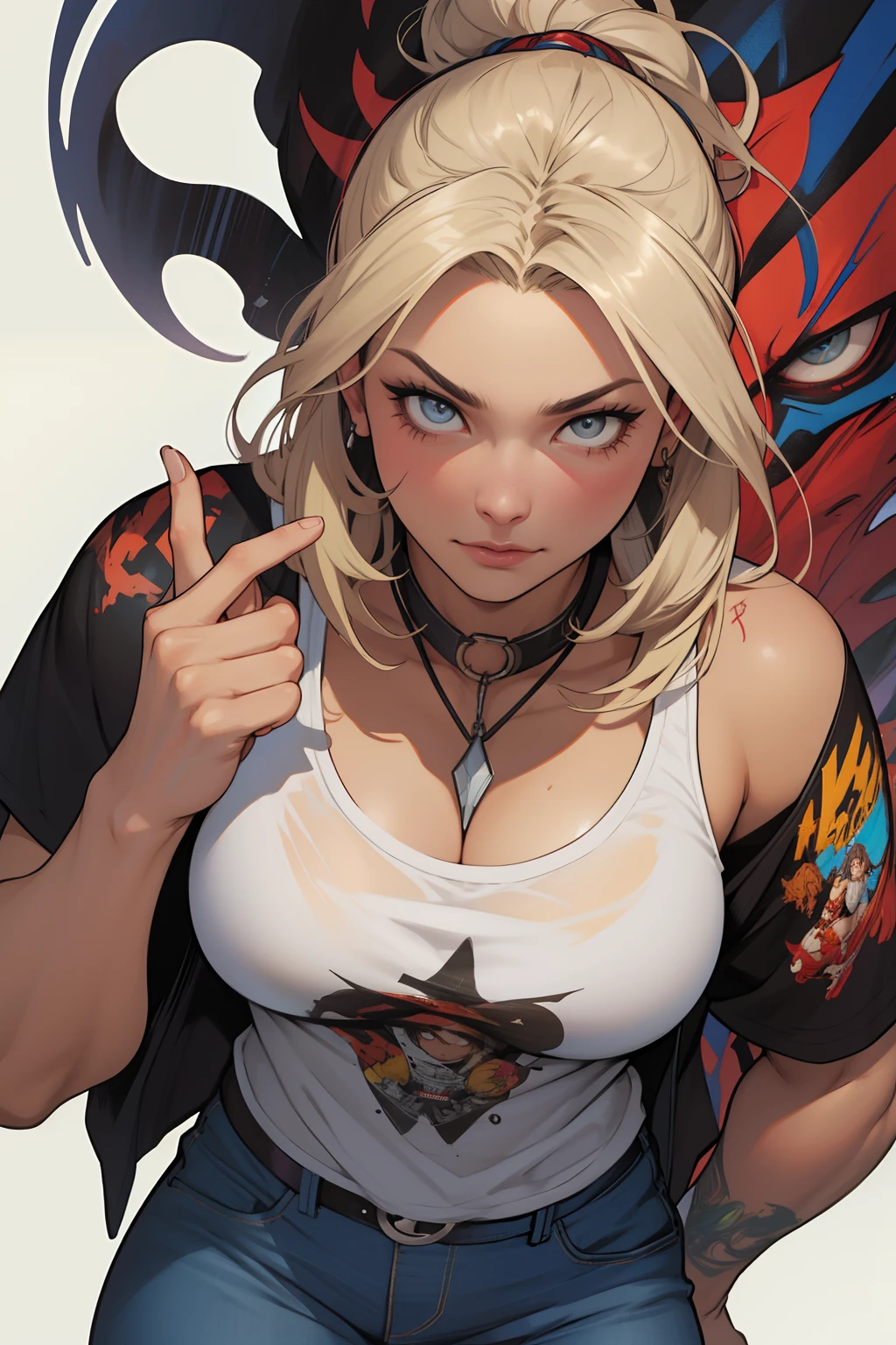 raw photo, ::comix style by marc silvestri:: beautiful woman ashley alexiss european perfect and detailed, style ::2.0 comix illustration style,tatoon style , man model ultra detailed, (beautiful and clear background:1.2),, fantastic paintings ,graffit style, olhos altamente detalhados , a white t-shirt or tatoon stamp , blond hair, masterpiece, best quality, high quality, highres, detail enhancement, ((most beautiful image in the world)), masterpiece, best quality, high quality, highres, detail enhancement, ((most beautiful image )),with short, shiny black hair, wearing a large round-neck t-shirt, wearing jeans, five legs, like yellow sneakers, emphasizing the integrity of the human body, emphasis on the correct 5 fingers on each hand and the correct shadow, , bright image, art by stanley artgerm lau, art by kenneth rocafort, art by genzoman, art by joe madureira, art by blushyspicy, art by stjepan sejic, art by j scott campbell, art by guillem march, art by citemer liu, 4k, high resolution, comic book, comic book character, comic, high quality