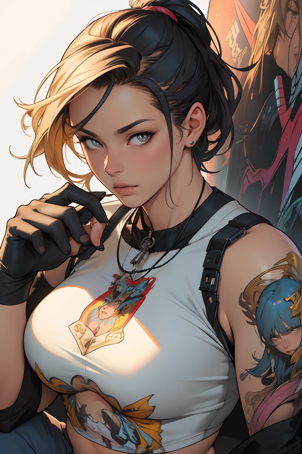 raw photo, ::comix style by marc silvestri:: beautiful woman ashley alexiss european perfect and detailed,   style ::2.0 comix illustration style,tatoon style , man model ultra detailed, (beautiful and clear background:1.2),, fantastic paintings ,graffit style, olhos altamente detalhados , a white t-shirt or tatoon stamp , blond hair, masterpiece, best quality, high quality, highres, detail enhancement, ((most beautiful image in the world)), masterpiece, best quality, high quality, highres, detail enhancement, ((most beautiful image )),with short, shiny black hair, wearing a large round-neck t-shirt, wearing jeans, five legs, like yellow sneakers, emphasizing the integrity of the human body, emphasis on the correct 5 fingers on each hand and the correct shadow, , bright image, art by stanley artgerm lau, art by kenneth rocafort, art by genzoman, art by joe madureira, art by blushyspicy, art by stjepan sejic, art by j scott campbell, art by guillem march, art by citemer liu, 4k, high resolution, comic book, comic book character, comic, high quality