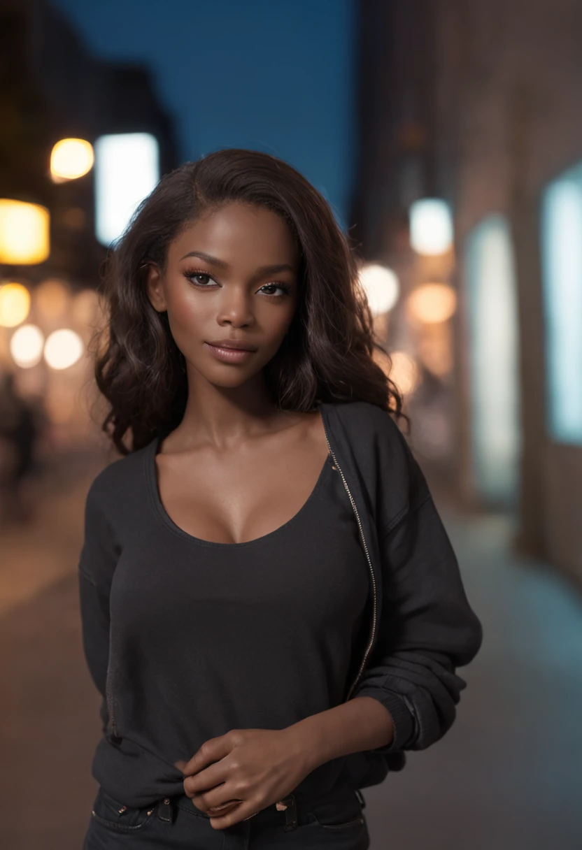 ultra realistic photo, full body, best quality, masterpiece, black woman inspired by Barbie, black skin, beautiful face, wearing jeans: 0.91 and black sweatshirt, realistic smooth skin, ultra realistic skin, pastel neon, night, dynamic lighting, on a street in Rio de Janeiro, (dynamic pose:1.10), (good composition:1.10), (subtle lighting:1.10), (Awarded:1.10), ((breathtaking:1.10:1.35)) , ( πrim-work :1.10), (highly detailed skin:1.2), (filmic grain:0.04), particle effects, __Camera capture_Models/sigma__, NEWS TYPE, speed lines, (perfect handsome young face:1.10) , (Pink :1.10)