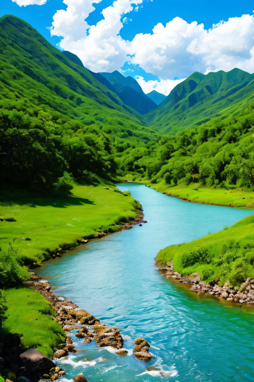 with blue sky and white clouds，Green Mountains and Green Water