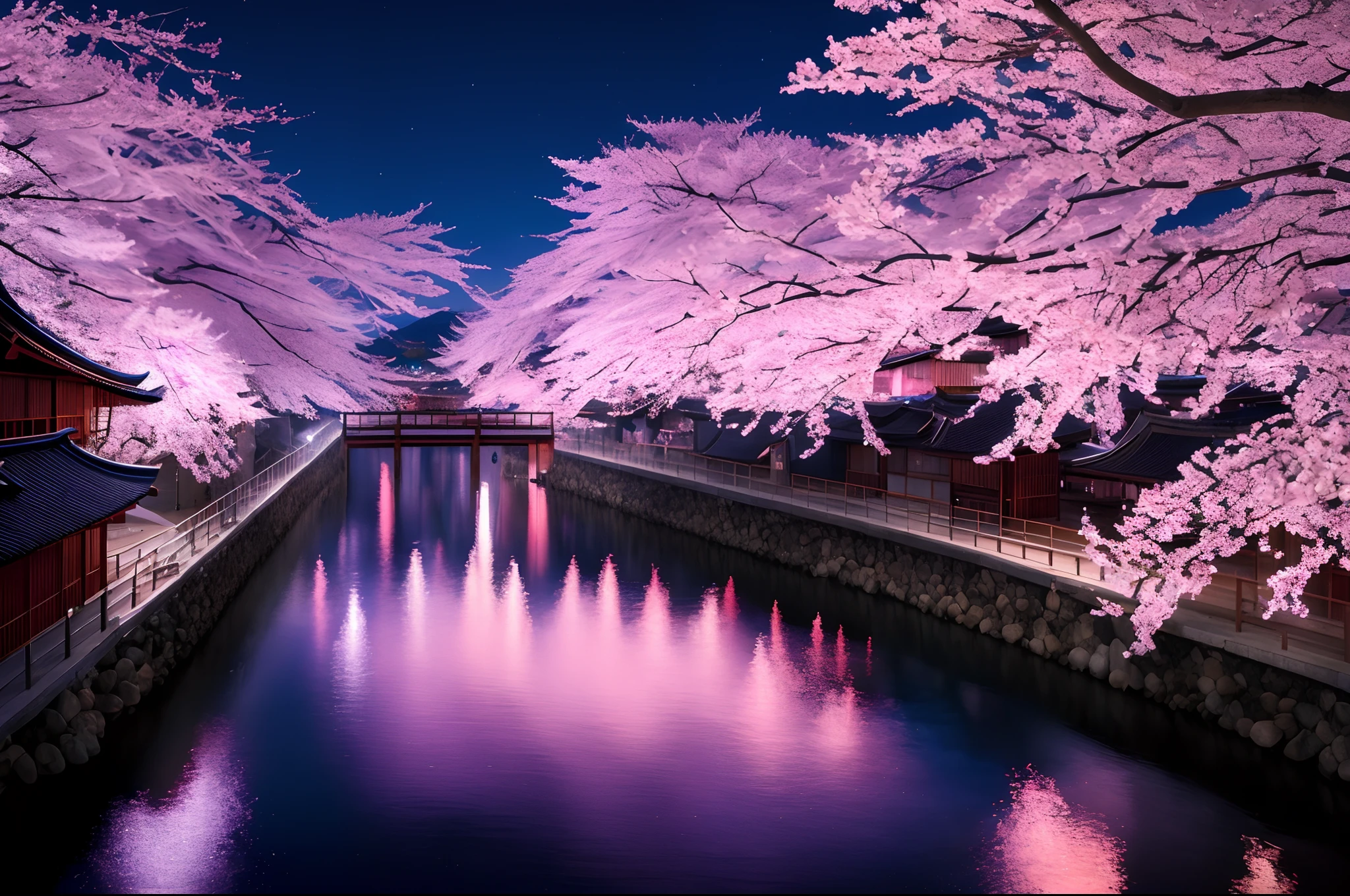 The city of Kyoto 1000 years ago at night,with many cherry blossoms in full bloom,northern lights,at midday,neon lights,crystal and opalescent ethereal light,crystal lighting,blue glow,Pop,Azur Lane,Blue Archive,Hybrid iso-DLL,4k,Ultra Realistic,Unreal Engine,Highly Detailed, photorealistic,