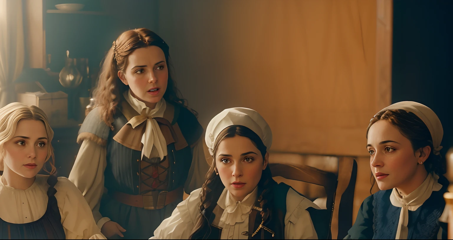 Several women in period clothes sitting at a table with a plate of food, ainda do filme, ainda de um filme, ainda de um filme live action, captura de tela de um filme, ainda do filme, ainda de um filme de fantasia, ambos vestindo roupas vitorianas, inspirado em Vasily Perov, film still image, filme ainda 8K