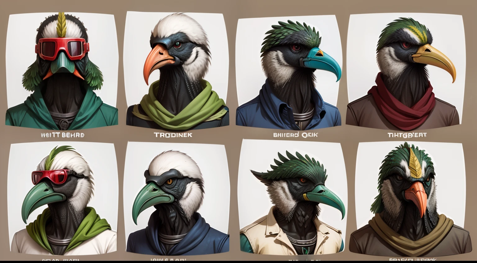 Bird-headed bird-beaked man，Wear round goggles，8 different birds