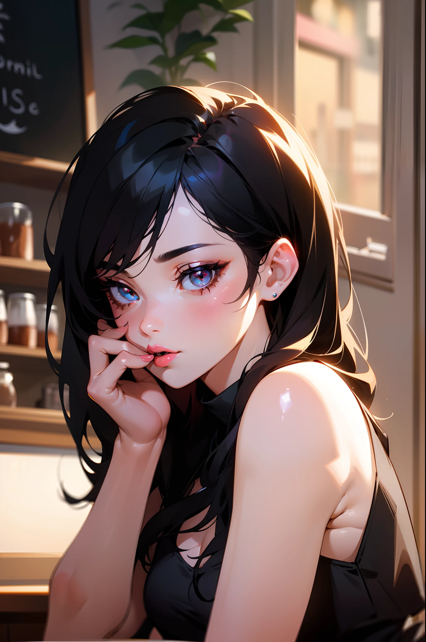 pixel drawing, 16 pixel, a girl with crystal eye, black hair,rosy lips, gorgeous look, drinking coffee, perfect body and hyper realistic, coffee shop background