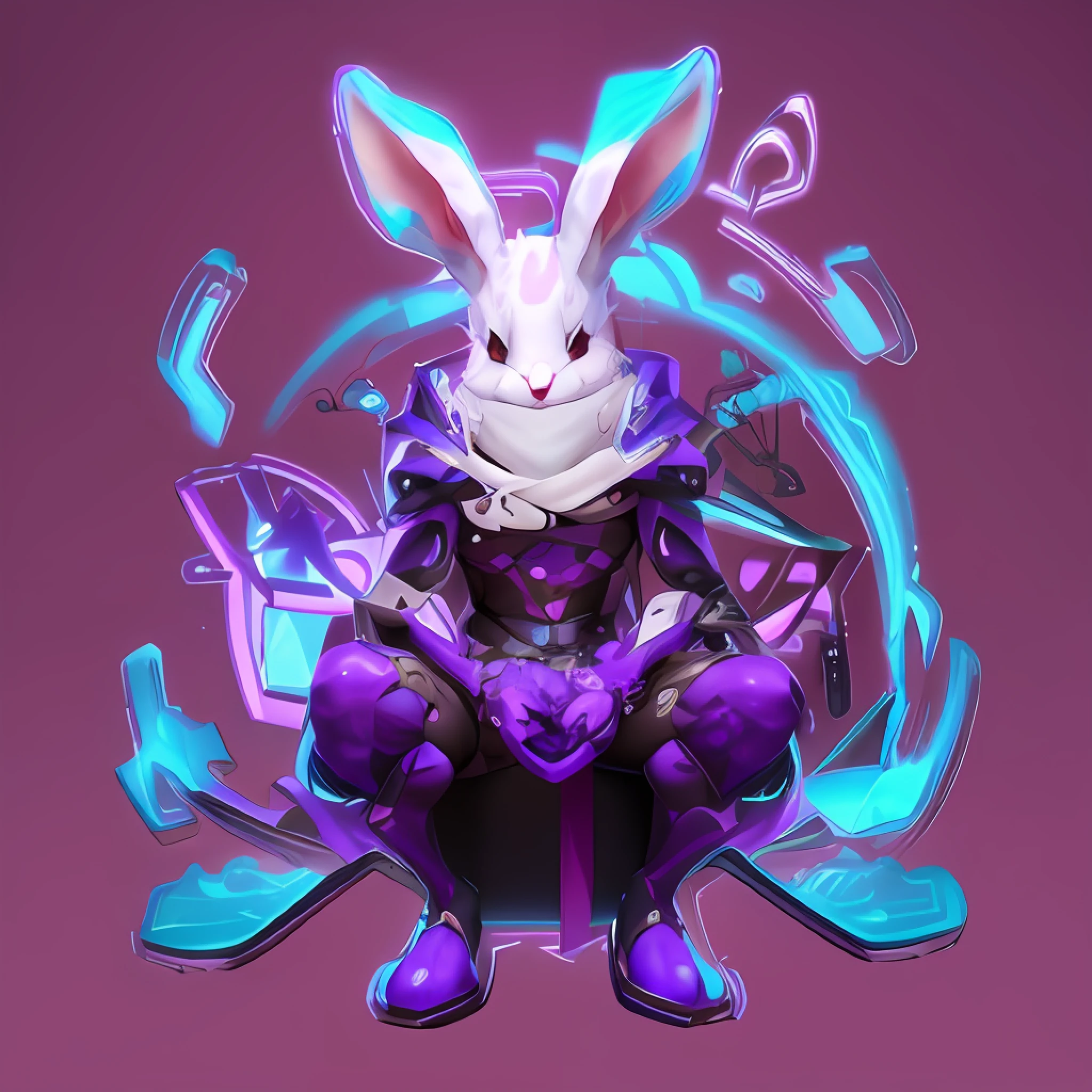 Purple rabbit sitting on a box with a knife and knife in hand, rabbt_Character, rabbit warrior, style of duelyst, inspired by Kanbun Master, fighting game character, Nasassa, 3 d render official art, electrixbunny, this character has cryokinesis, katana zero video game character, Official Character Art, menacing pose