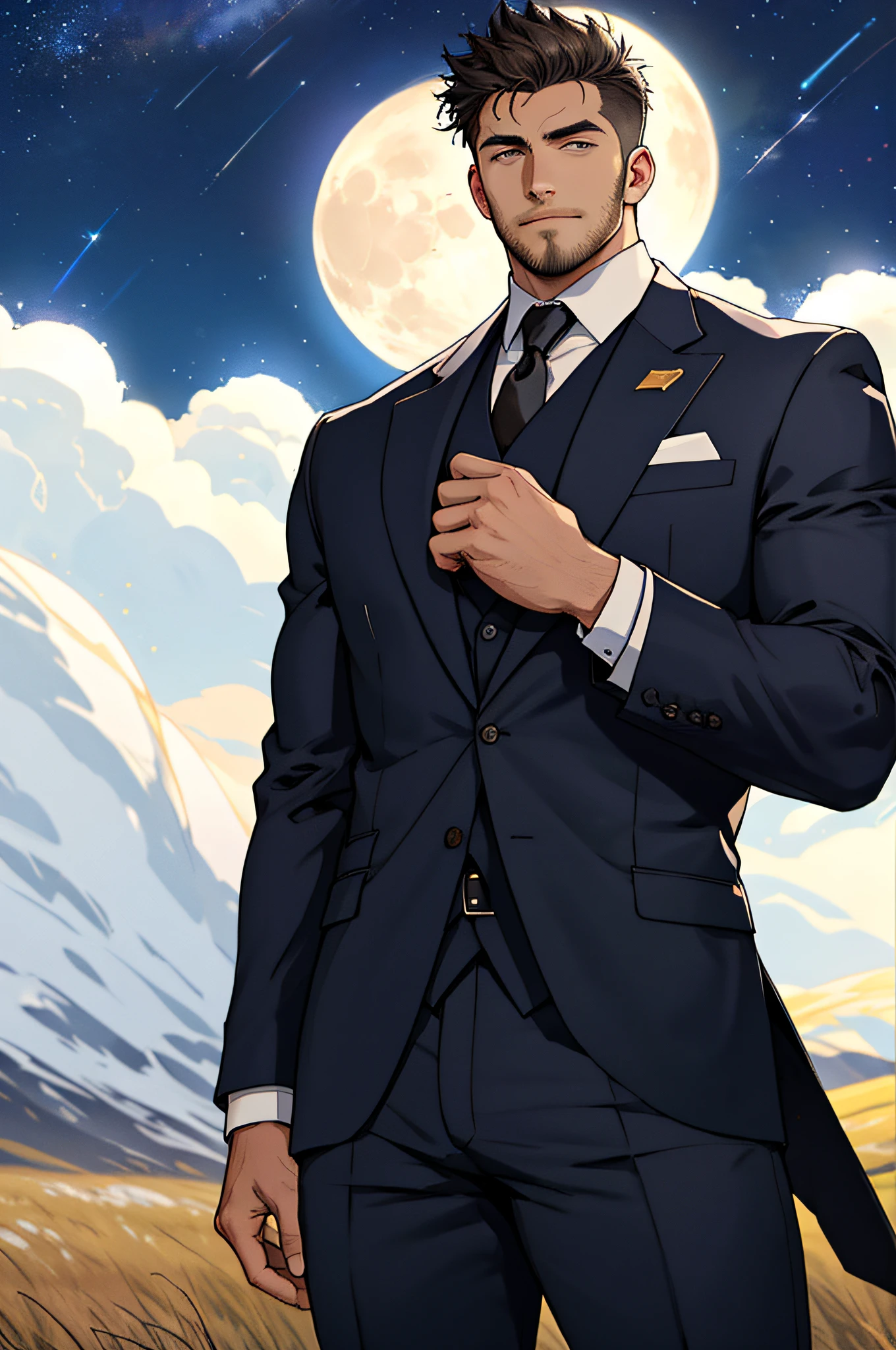 Draw a full-fledged footballer,Standing on the steppe at night,Quiet and comfortable background,He wears the same suit as the country's president,The suit fits perfectly,Handsome face,eyes with brightness,The man looks confident and determined,looking-down,Crew cut,full bodyesbian,Stars dot the sky,shooting from below,Big moon highlights background