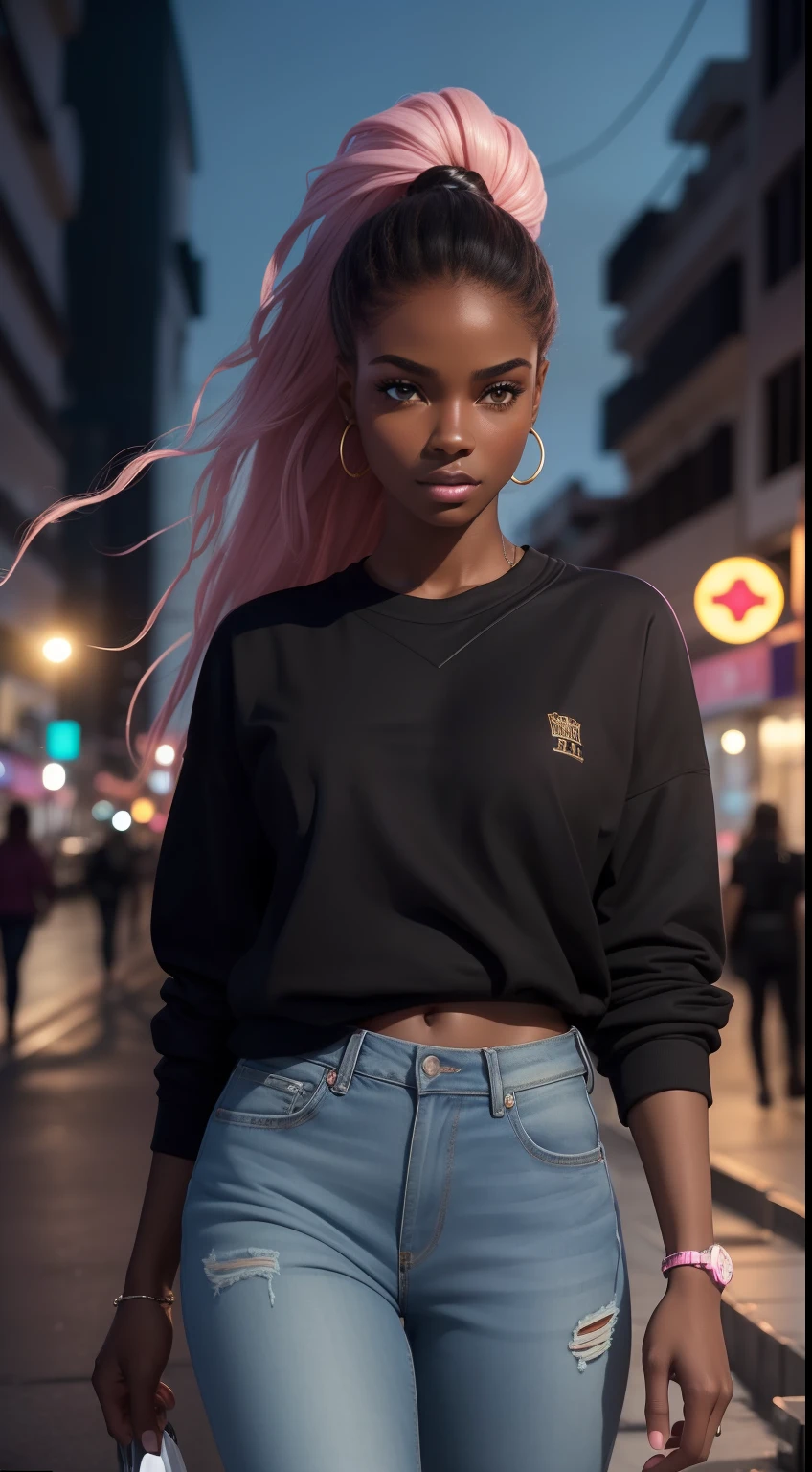 ultra realistic photo, full body, best quality, masterpiece, black woman inspired by Barbie, black skin, beautiful face, wearing jeans: 0.91 and black sweatshirt, realistic smooth skin, ultra realistic skin, pastel neon, night, dynamic lighting, on a street in Rio de Janeiro, (dynamic pose:1.10), (good composition:1.10), (subtle lighting:1.10), (Awarded:1.10), ((breathtaking:1.10:1.35)) , ( πrim-work :1.10), (highly detailed skin:1.2), (filmic grain:0.04), particle effects, __Camera capture_Models/sigma__, NEWS TYPE, speed lines, (perfect handsome young face:1.10) , (Pink :1.10)