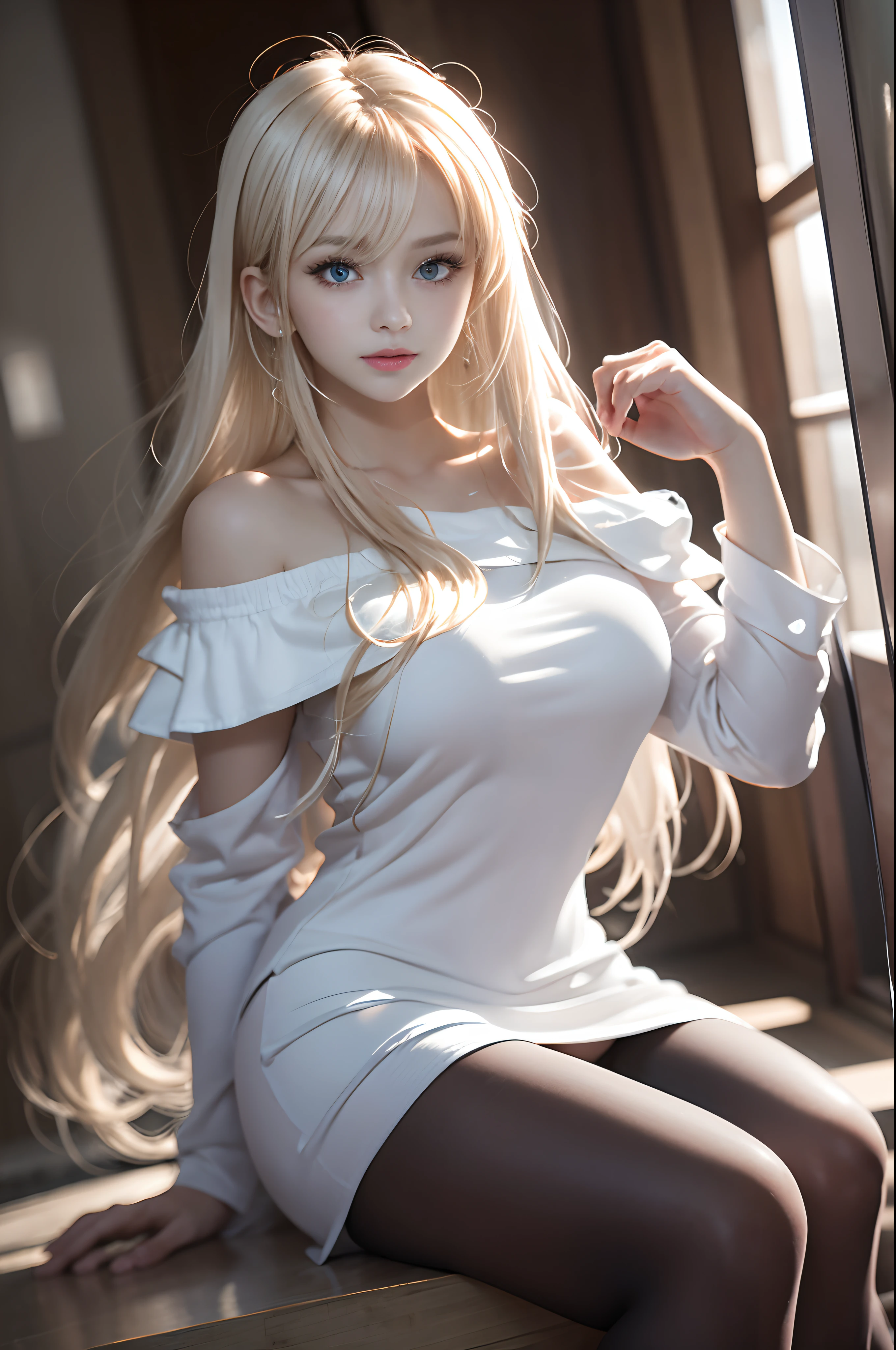 bright expression、Young shiny shiny white shiny skin、Best Looks、Blonde reflected light、Platinum blonde hair with dazzling highlights、shiny light hair,、Super long silky straight hair、Beautiful bangs that shine、Glowing crystal clear attractive big blue eyes、Very beautiful nice cute girl、Lush bust,Beautiful detailed eyes, beautiful detailed nose,(( Full body:1.5)),Makeup that the eyes emphasize、,(Women like Joan of Arc)、Royal style,Comic style, , Sub-surface scattering, ornate detail, nature backdrop, Hyper-realistic, ((Cinematic)), Dramatic Lighting, masutepiece、((Off-the-shoulder white shirt dress:1.4))、((Fight on the battlefield))、(Loose and fluffy perm:1.4)、1 girl in、((Bob Hair:1.3))、Ultra realistic 8K CG, Picture-perfect face, flawless, clean, masutepiece, Professional artwork, famousartwork, Perfect face, Beautiful face, Beautiful eyes, ((Perfect female body)), Solo,(Immersive atmosphere, Chiaroscuro:1.5,Bright light:1.2,Luminous lighting),(blush:0.5),fascinated expression,Extremely detailed_Eyes,thick thighs,Large breasts,beautifullydetailedbackground,depth of fields,Realistic:1.3, longshot,Sitting, Full body, (ambient lights:1.3),(Cinematic composition:1.3),(Neon light:0.1),(nffsw:0.1),Accent Lighting, pantyhose,