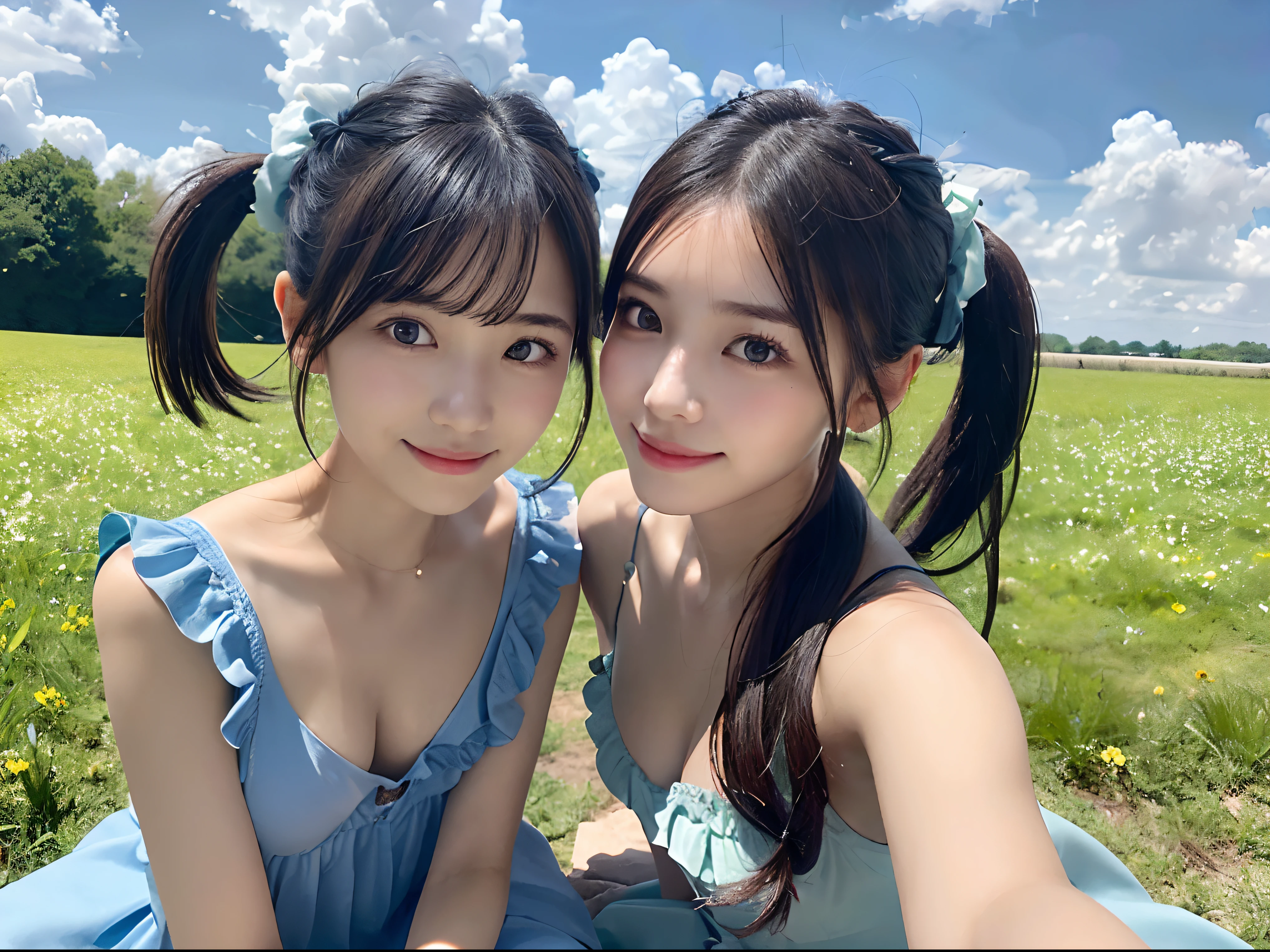 (Close-up portrait of one girl with slender small breasts with twin-tailed hair in blue ruffled dress:1.5)、(A girl turning to looking camera from back:1.3)、(Green meadow with blue sky and white clouds floating :1.3)、(Perfect anatomy:1.3)、(complete hands:1.3)、(complete fingers:1.3)、Photorealsitic、Raw photography、Masterpiece、Top-quality、Hi-Resolution、delicate and pretty、face perfect、Beautiful detailed eyes、Fair skin、Real Human Skin、pores、((thin legs))、(Dark hair)