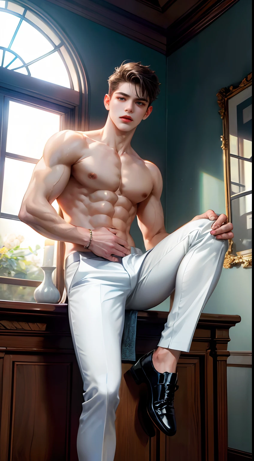 (absurderes, A high resolution, Ultra detailed, hdr), Masterpiece, Best quality, Portrait of a boy, Handsome boy with red eyes, Detailed face, Professional photo, The Alafed man is shirtless, Fight comfortably，legs are open, (puffynipple(From below:1.1)), Focus on your audience,18 year old boy, Handsome boy, [ Firmly defined body ]，Light blue shirt open，Abs，chest muscle，short white pants，large bulge，Black leather shoes，Close-up of feet，prinz，