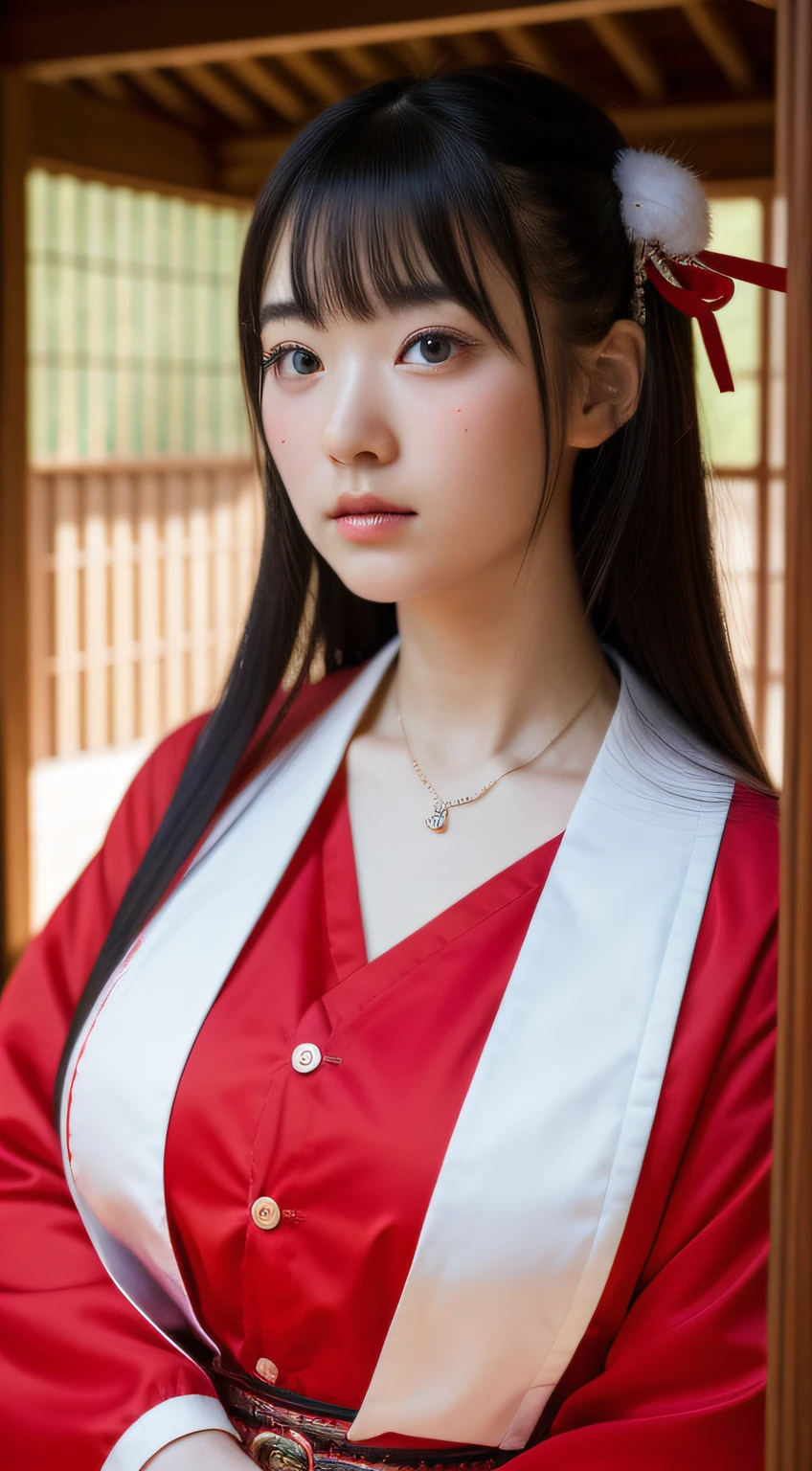 shrine maiden、two people、shrines、(masterpiece、top-quality) 、Longhaire、absolutely outstanding image, very extremely beautiful、masterpiece, top-quality,a picture, kawaii、(Colossal tits:1.2)、((20 year old woman:1.2))、Young adorable Japan face,8K,japanaese girl、realisitic
