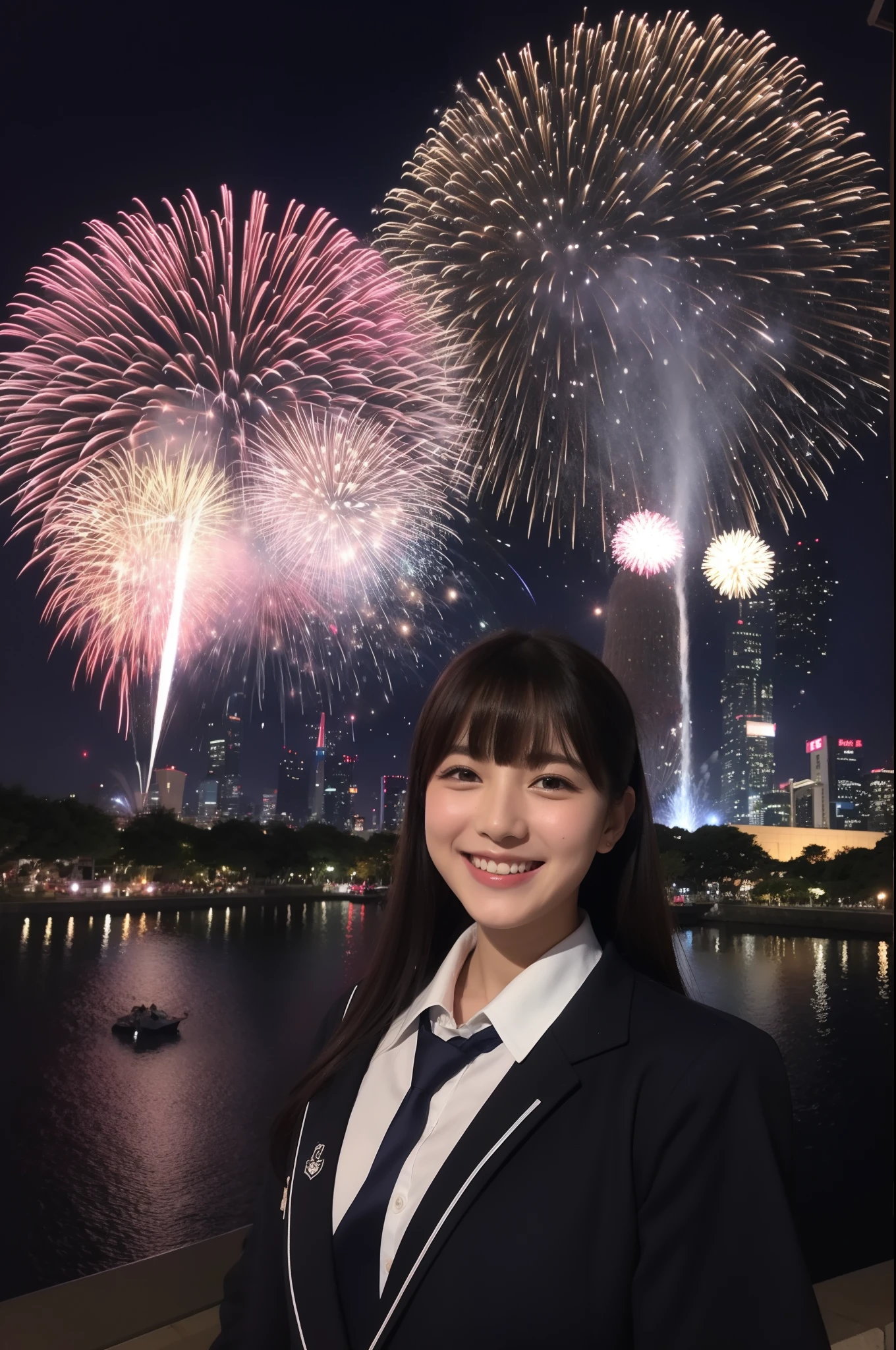 A smile、hi-school girl、校服、While doing fireworks、mare、Tokyo Skytree、cherry trees、a moon
