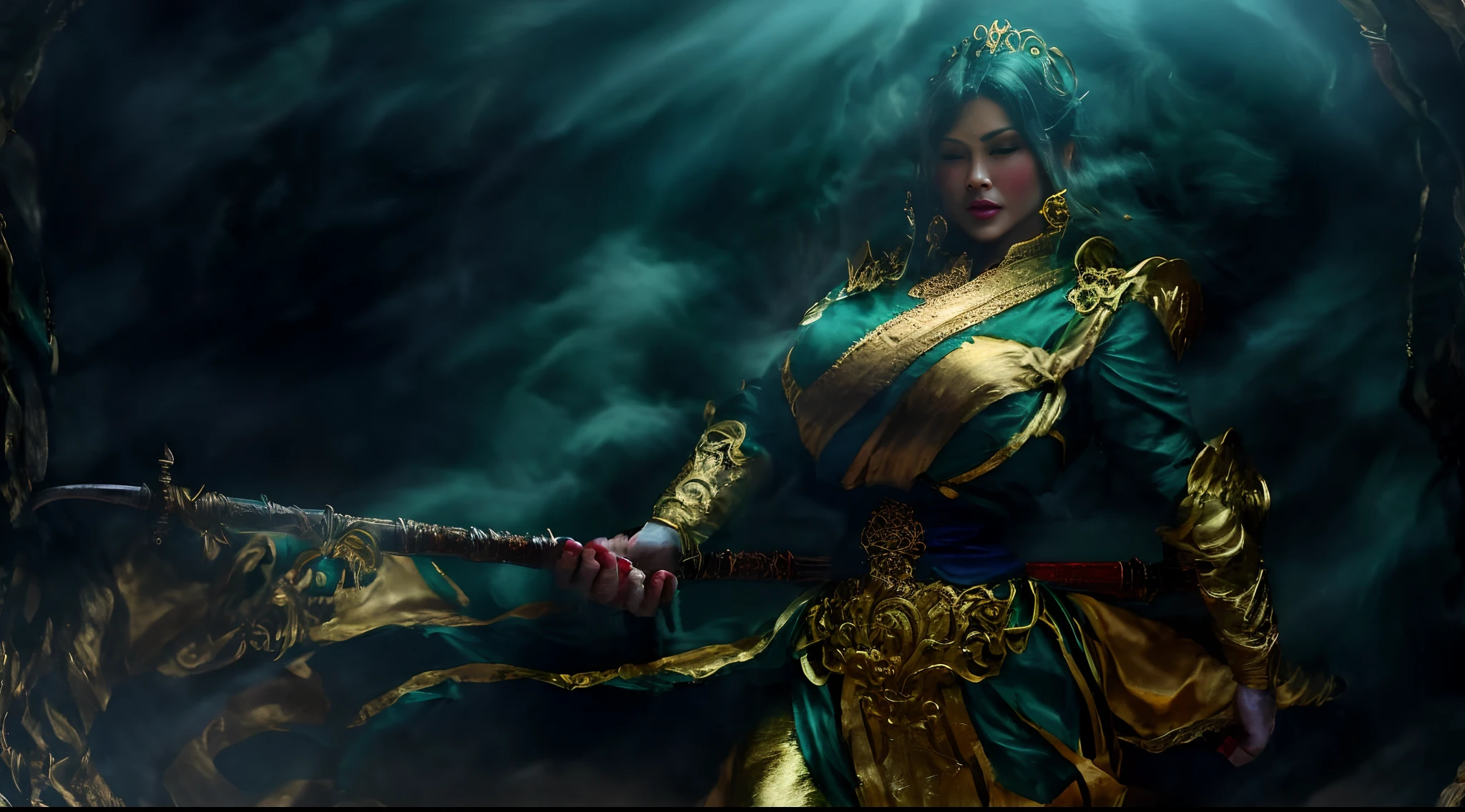 Oriental style beauty , sword in hand , sword dancing , green and gold clothing , a glowing golden dragon walking behind , realistic and ethereal style , Eastern Zhou Dynasty , the background of the picture is the strong air flow of the picture impact ,8k, fantasy , allegorical , animation style , epic ink mixing lens , shining blue magic light . Abstract image , intense light , Rembrandt lighting , style in fluid color combination , surreal water , shine / gloss