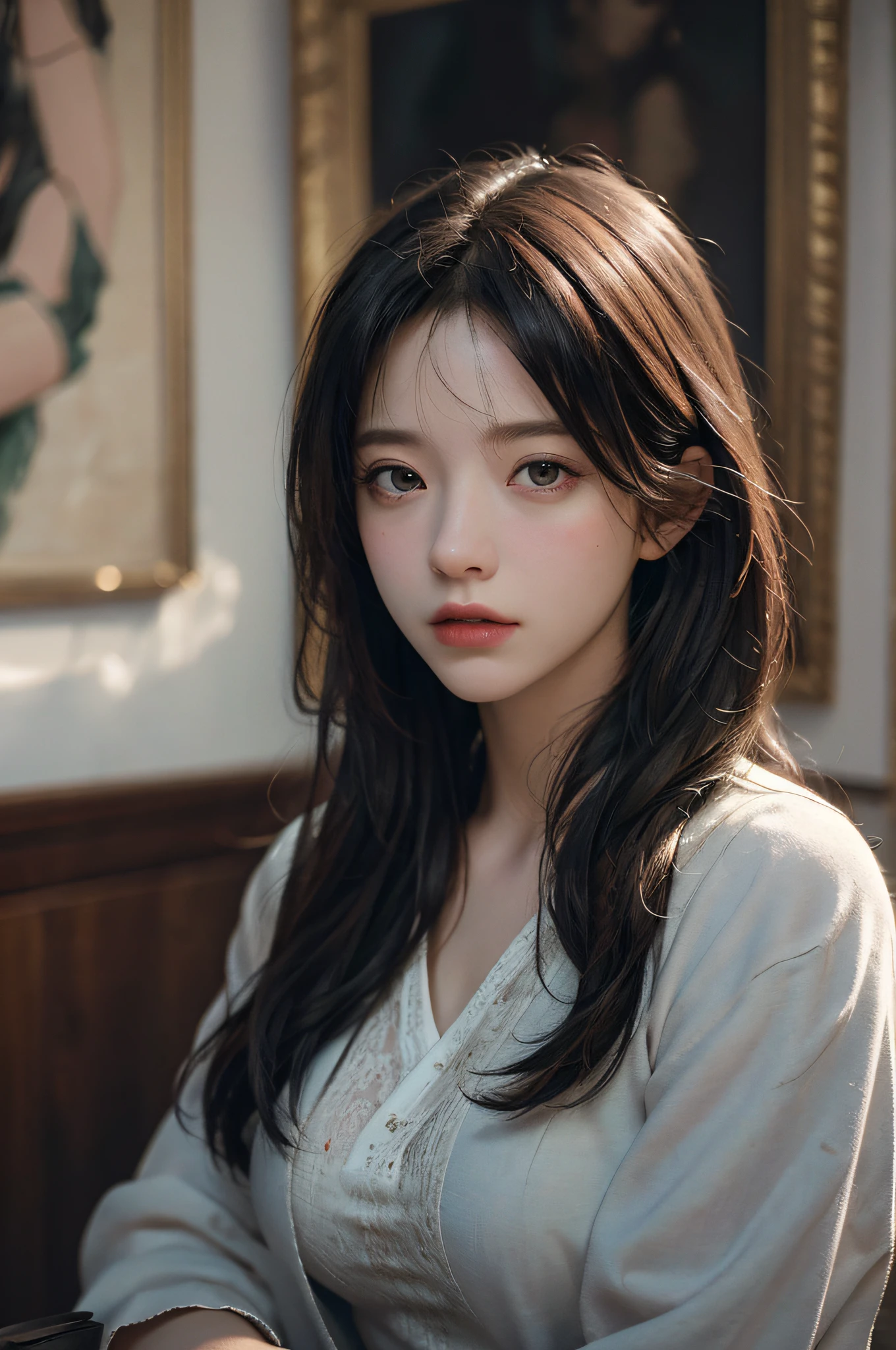 (RAW photo, best quality), (realistic, photo-realistic:1.3),best quality,highly detailed,masterpiece,ultra-detailed,illustration,1girl,upper_body,dynamic angle,world masterpiece theater,messy_long_hair,best quality,extremely detailed CG unity 8k wallpaper,ink,Amazing,cinematic lighting,lens_flare, dunhuang_style