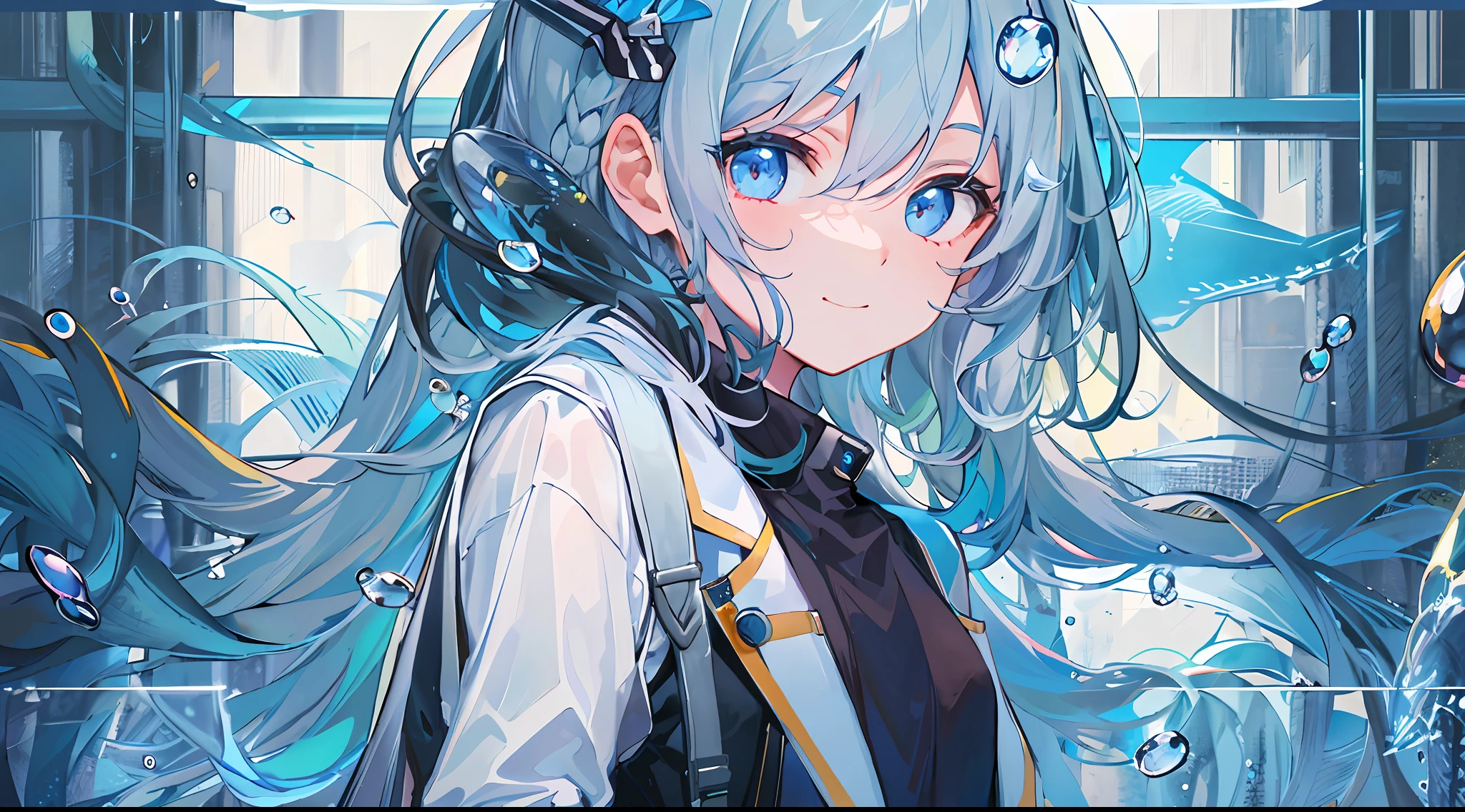 ((top-quality)), ((​masterpiece)), ((ultra-detailliert)), (extremely delicate and beautiful), girl with, 独奏, cold attitude,((Black jacket)),She is very(relax)with  the(Settled down)Looks,A dark-haired, depth of fields,evil smile,Bubble, under the water, Air bubble,bright light blue eyes,Inner color with light blue hair and dark blue tips,Cold background,Bob Hair - Linear Art, shortpants、knee high socks、White uniform like school uniform、Light blue ribbon ties、Clothes are sheer、Hands in pockets