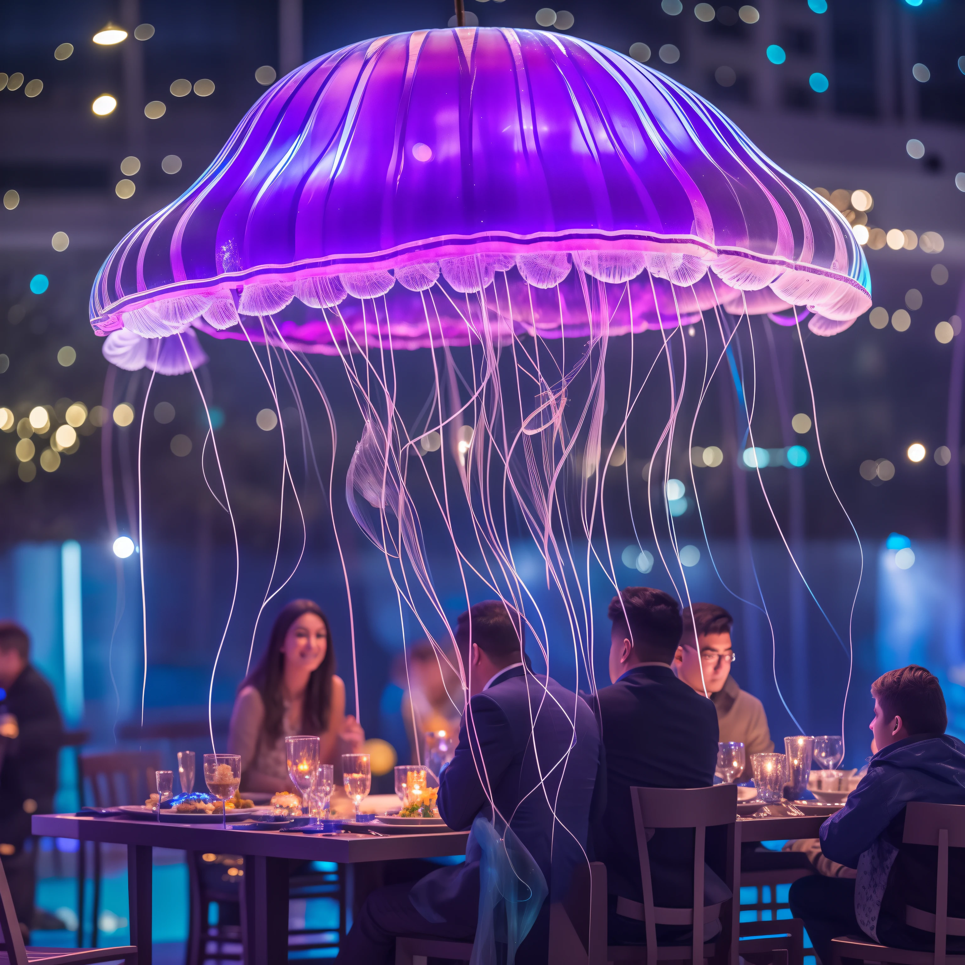 A mesmerizing jellyfish with a Blue gel body and a flurry of long, dining table with people eating down The group of The jellyfish, glittering fish illuminated by a Bokeh effect, Hyperrealism, Full depth of field