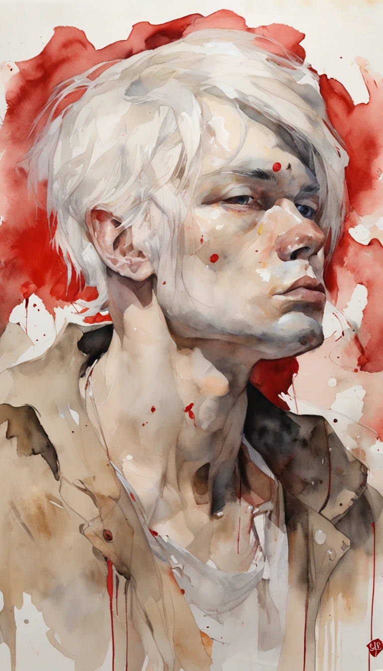 young boy with white hair and red eyes, There is ugliness in beauty, But there is also beauty in ugliness, In the style of Adrian Ghenie, Esao Adrews, Jenny Saville, Edward Hopper, surrealism, Dark Art par James Jean, Takato Yamato, Minimalism inkpunk