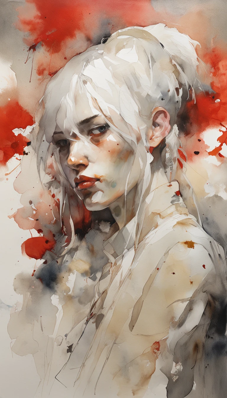 young boy with white hair and red eyes, There is ugliness in beauty, But there is also beauty in ugliness, In the style of Adrian Ghenie, Esao Adrews, Jenny Saville, Edward Hopper, surrealism, Dark Art par James Jean, Takato Yamato, Minimalism inkpunk