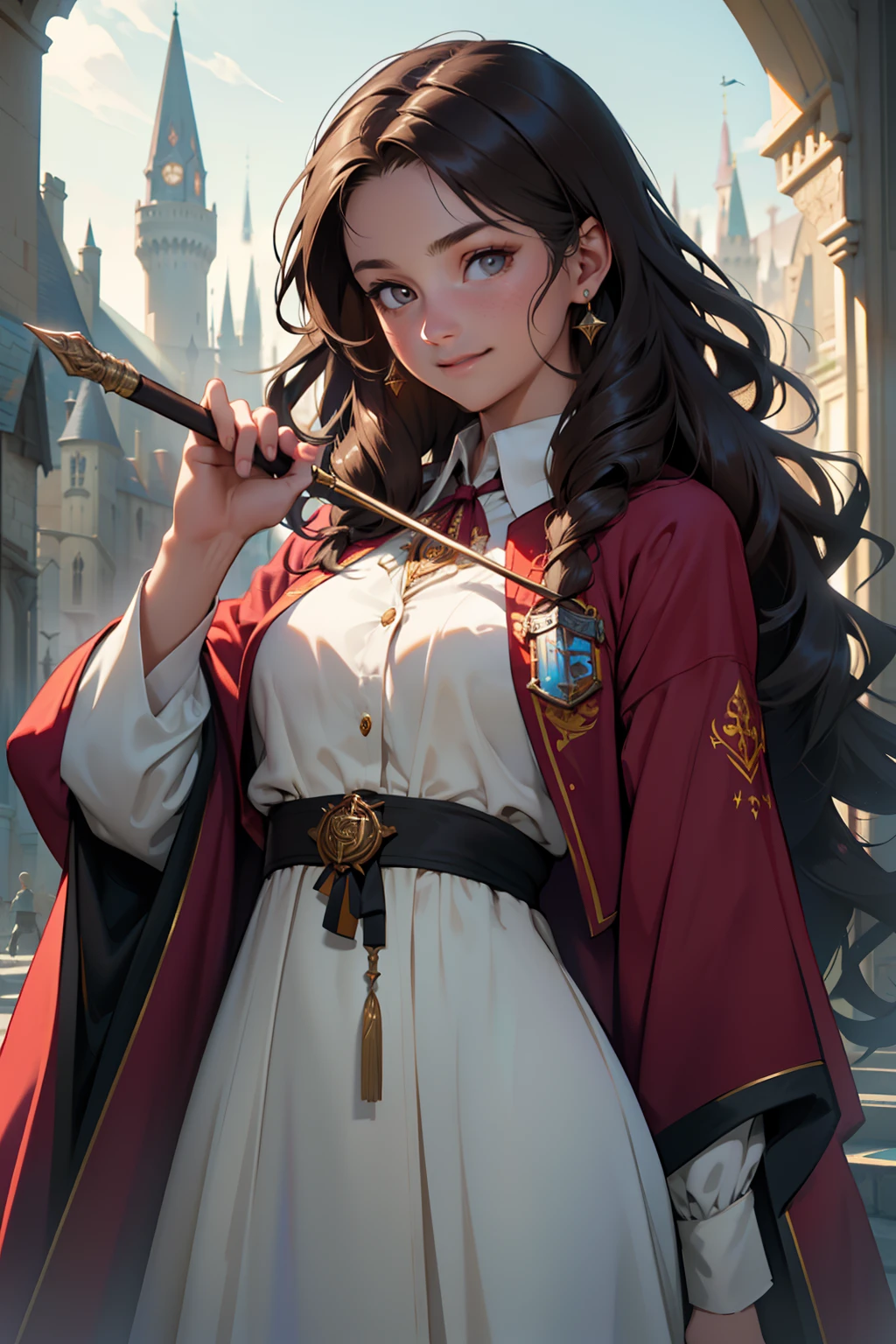 ((masterpiece:1.2), (best quality:1.2), looking at viewer, bare and fair skin,Wizarding world, shimmer reflected on hair, long hair fluttering in the wind, (wavy long hair), hair middle part, energetic , smily, happy , 15 year old eauropean girl, dark brunette hair, Brown eyes, victorian simple dress, gryffindor, red color, active young girl holding wand, medium B cup breast, charming young lady, Gryffindor robe, harry potter style.
