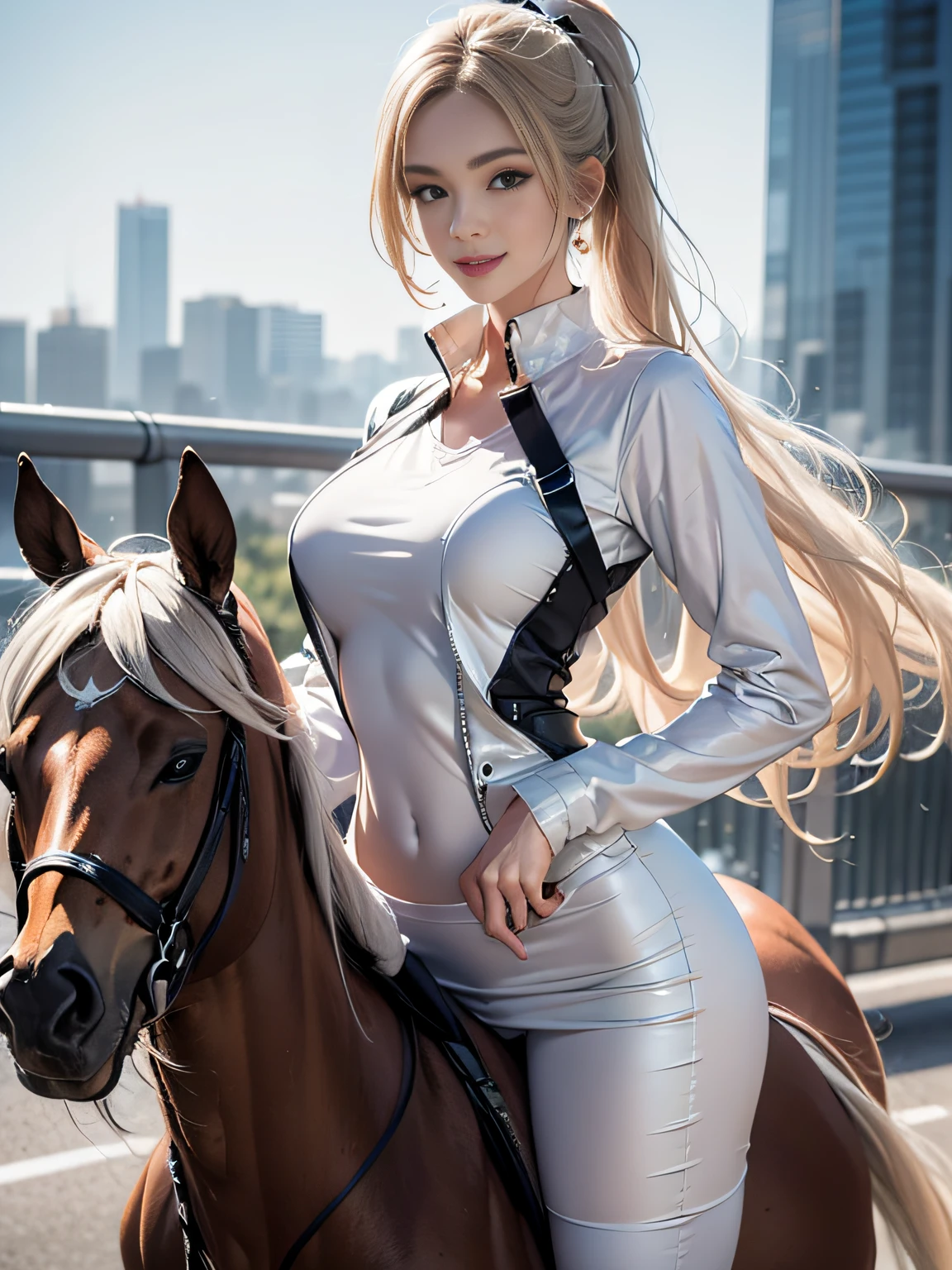 one-girl, Tall and tall，Pure white high ponytail long hair，beautiful lovely，Wears a white one-piece mech suit，highways，mounted on a horse，Be red in the face，ssmile