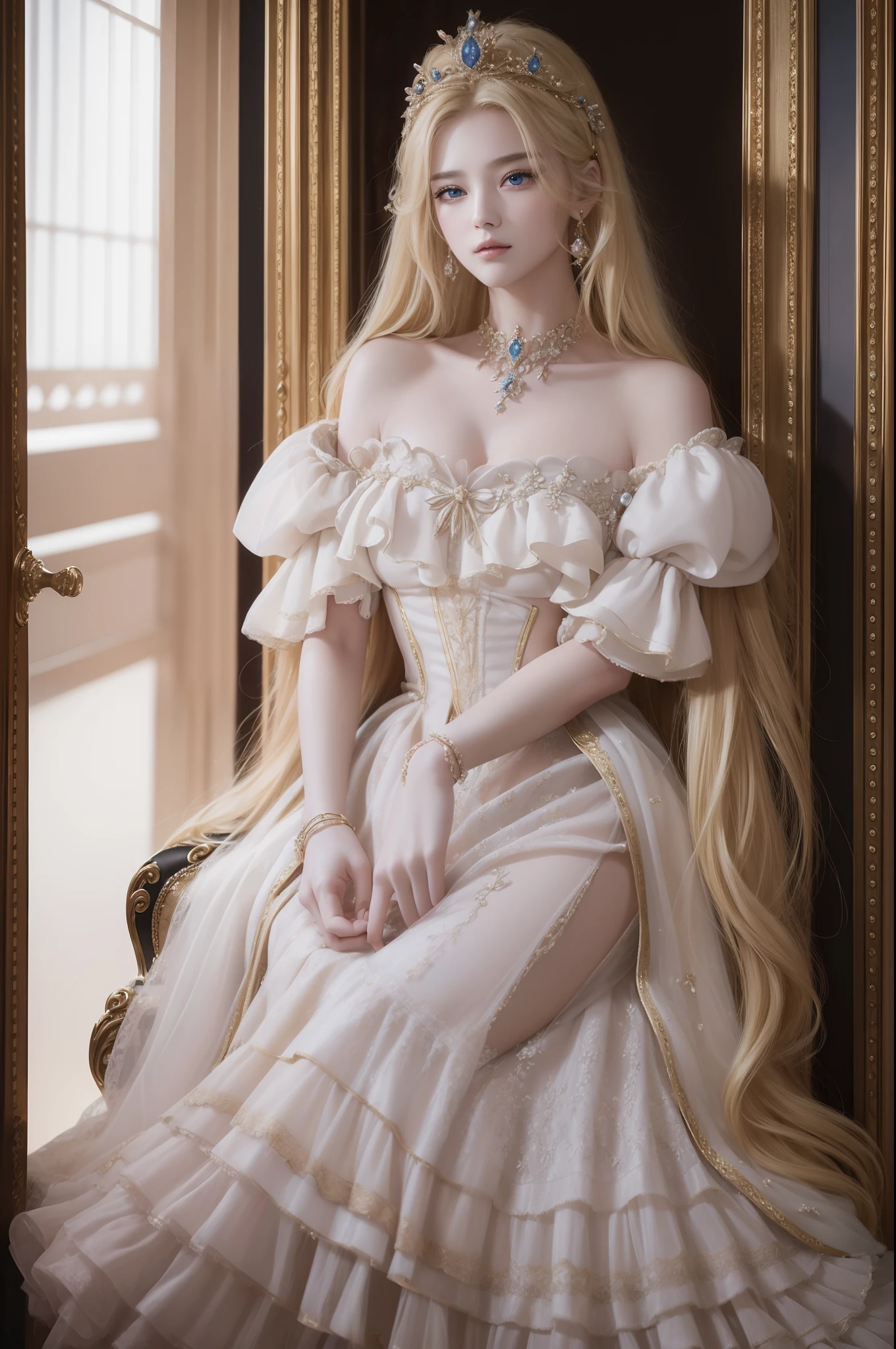 ((top-quality、​masterpiece、8K))、Blonde beauty、delicate and beautiful face、（Luxury dresses in the style of medieval Europe、Princess）、Luxury Accessories、European-style castle、Cinematic lighting、Textured skin、Super Detail、high detailing、High quality、hight resolution