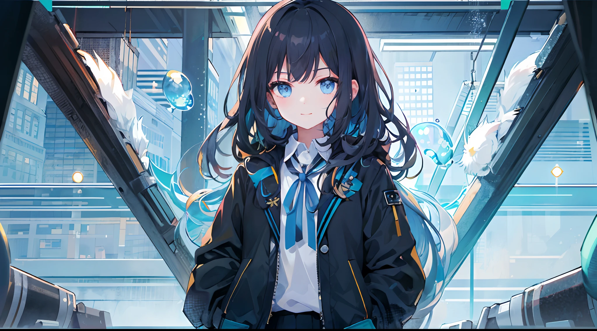 ((top-quality)), ((masterpiece)), ((ultra-detailliert)), (extremely delicate and beautiful), girl with, 独奏, cold attitude,((Black jacket)),She is very(relax)with the(Settled down)Looks,A dark-haired, depth of fields,evil smile,Bubble, under the water, Air bubble,bright light blue eyes,Inner color with black hair and light blue tips,Cold background,Bob Hair - Linear Art, shortpants、knee high socks、White uniform like school uniform、Light blue ribbon ties、Clothes are sheer、Hands in pockets