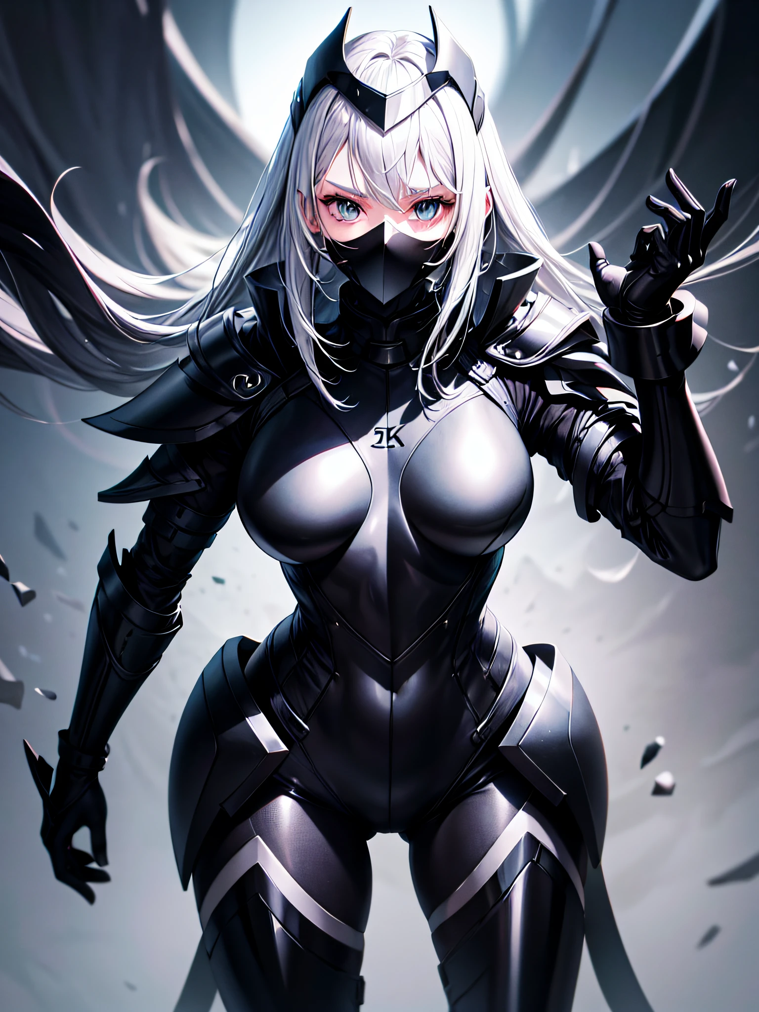 8K UHD、Silver-haired and small-nosed beauty in a black shiny black full-body rider suit wearing a black full-face helmet that covers the entire head is standing with her legs open facing the front、Wearing shiny black armor、Upper Body Up