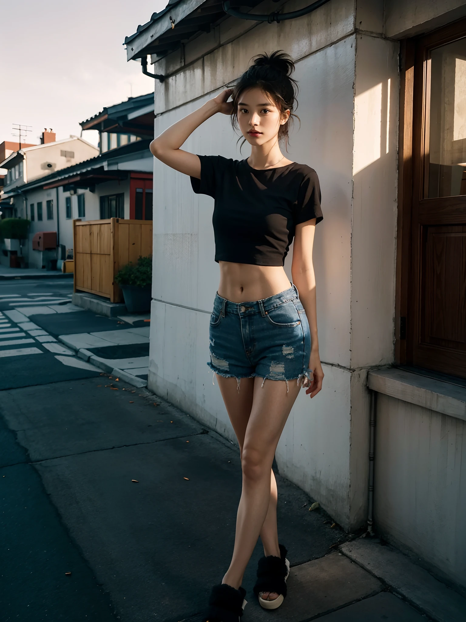 ((smallunderboob,Tomboyish,small heads)), (Well-defined abs: 1.1), (perfect bodies: 1.1), (short-length straighthair: 1.2), Black hair, fully body photo, nabel，（极其细致的CG 8k壁纸），（Extremely refined and beautiful），（tmasterpiece），（best qualtiy：1.0），（超A high resolution：1.0），beautiful light up，Perfect lightning，realistic shaded，[A high resolution]，Delicate skin，ultra - detailed ，Wearing a loose, Oversized black short-sleeved T-shirt，denim short，Elongated legs，flatchest，Slim，emaciated，at the doorstep of a school，are standing，Crowded，Everyone watched，Dusk light，summertime，Cup of coffee in hand，slippers，Hair tied at the back of the head