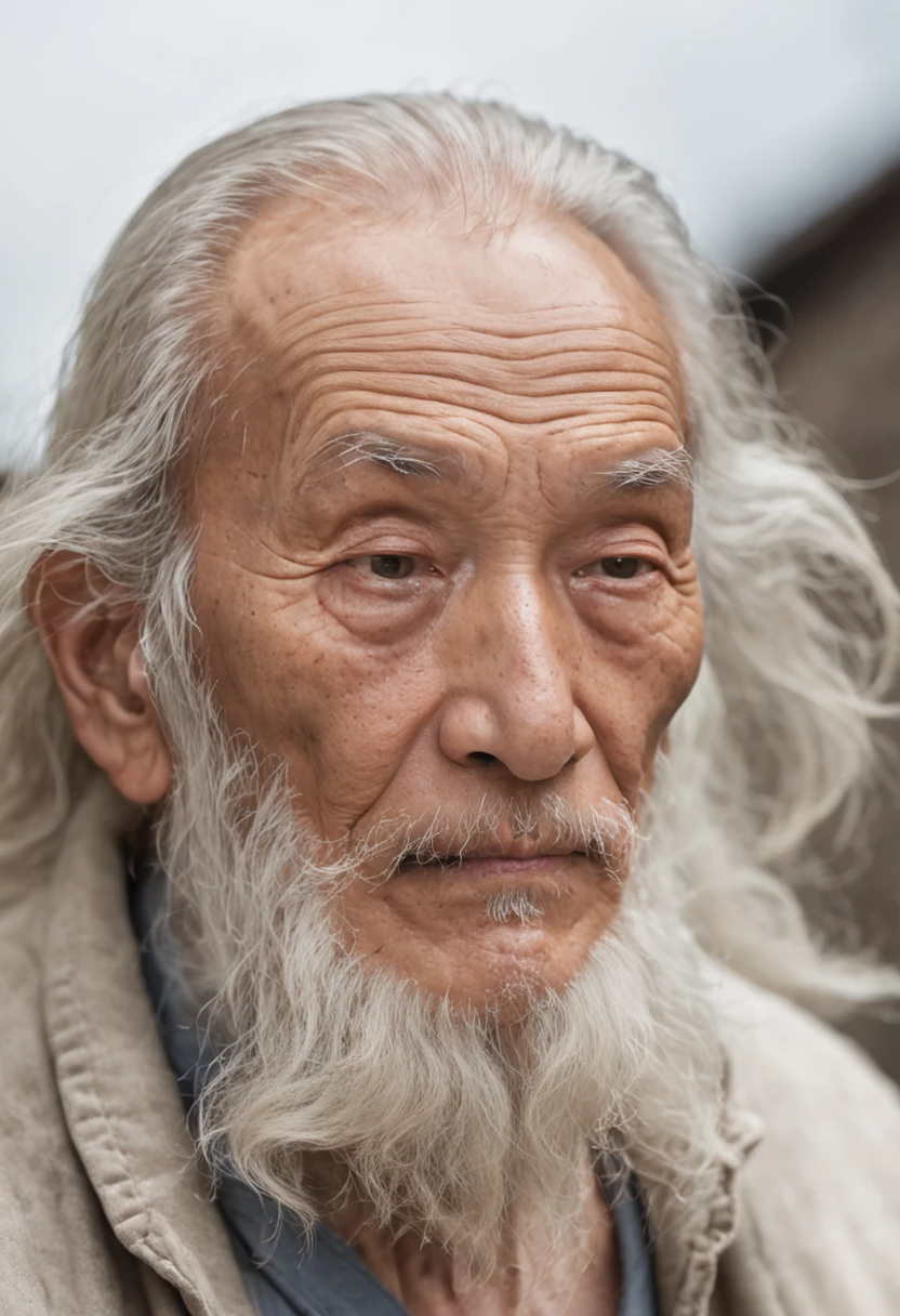 Portrait photography,  Disgusting eyes, Medium-length blonde curls, 80-year-old man，Long beard，Asian image，Wrinkles all over the face，Thin，Summer exterior，Look at the viewer，Full body photo，Faraway view，natural soft light，真实感，high-definition photography, clean-shaven, Friendly expression, Hefty Smile, Medieval fantasy beautiful civilian costumes, In the medieval fantasy city, The Nikon D850 and Nikon AF-S NIKKOR 70-200mm f capture color cleverly/2.8E FL ED VR Lens, Peter Jackson, fantasy, Historical
