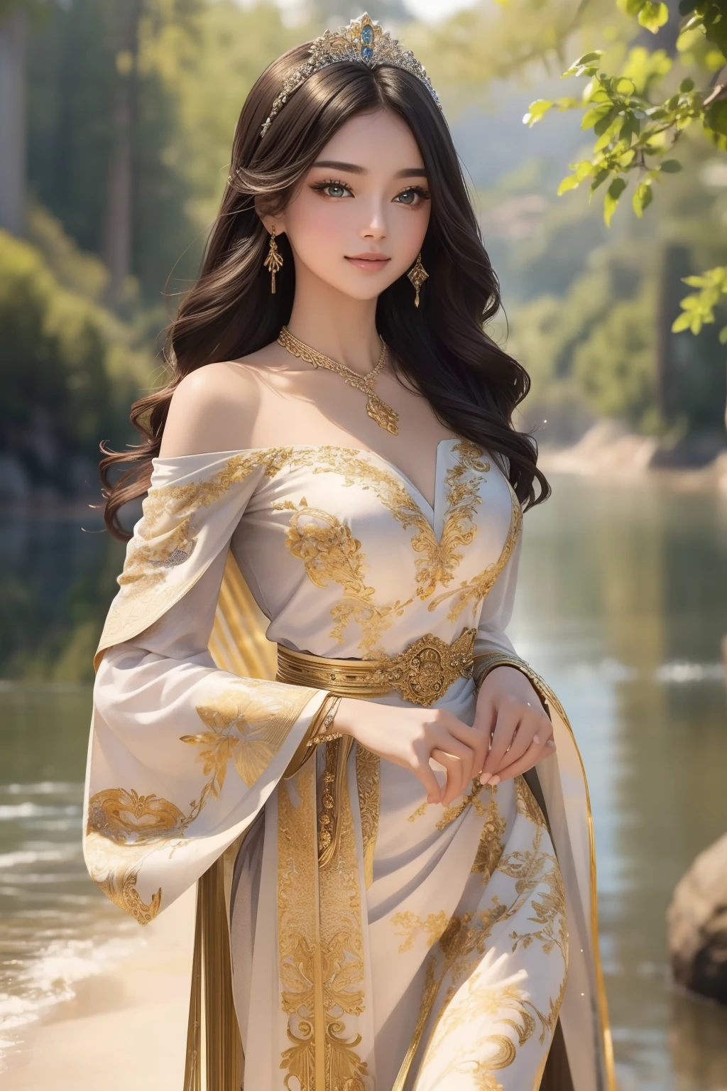 ((top-quality、​masterpiece、photographrealistic:1.4、8K))、1 beautiful detailed girl、extremely detailed eye and face、beatiful detailed eyes、（Dress in the style of ancient Greece、Princess）、Luxury Accessories、Elegant smile、（Princess walking gracefully on the shore、A magnificent forest in the background）、Cinematic lighting、Textured skin、Super Detail、high detailing、High quality、hight resolution、（looking at the viewers）、a bird、Hareful