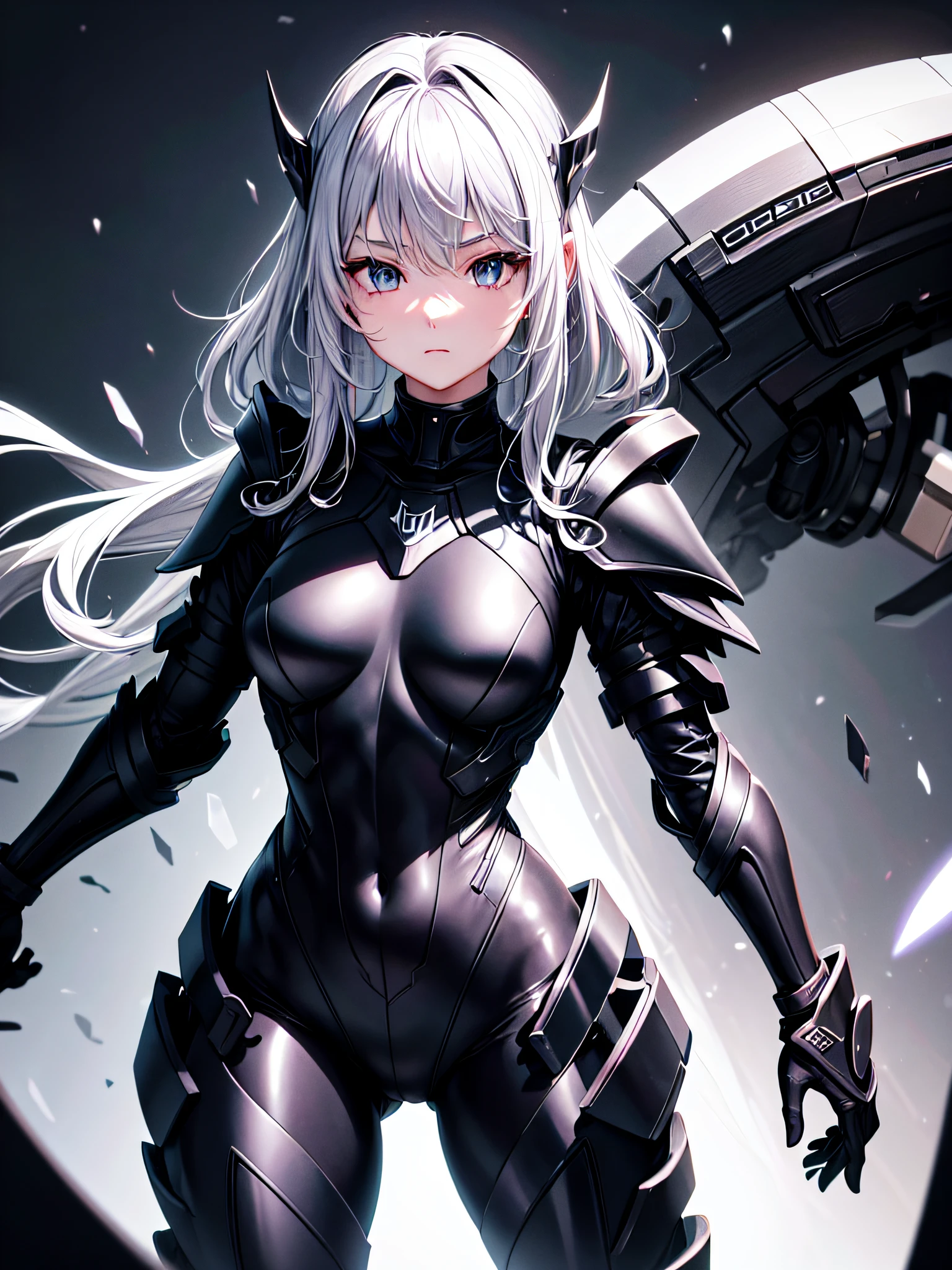 8K UHD、Silver-haired and small-nosed beauty in a black shiny black full-body rider suit wearing a black full-face helmet that covers the entire head is standing with her legs open facing the front、Wearing shiny black armor、Upper Body Up