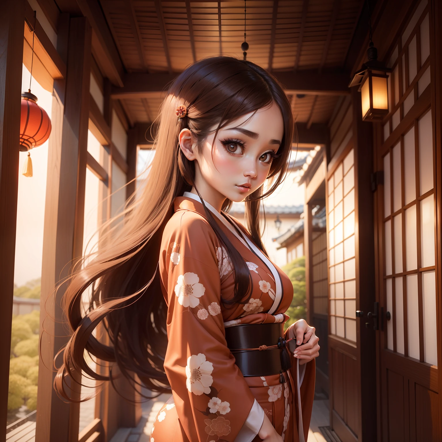 Sexy woman with big eyes with long lashes tying long hair of bright brown color wearing beautiful kimono in front of Japan wind chimes