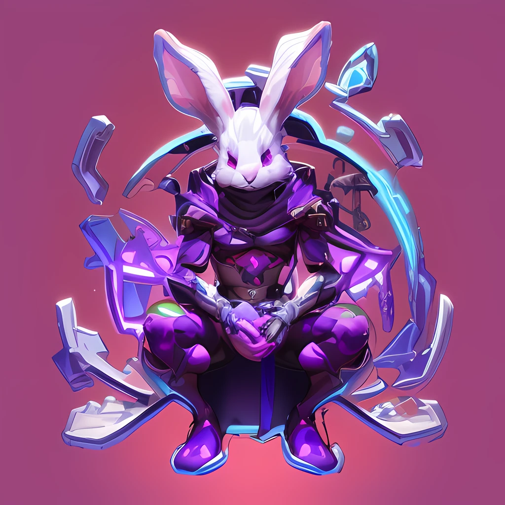 Purple rabbit sitting on a box with a knife and knife in hand, rabbt_Character, rabbit warrior, style of duelyst, inspired by Kanbun Master, fighting game character, Nasassa, 3 d render official art, electrixbunny, this character has cryokinesis, katana zero video game character, Official Character Art, menacing pose