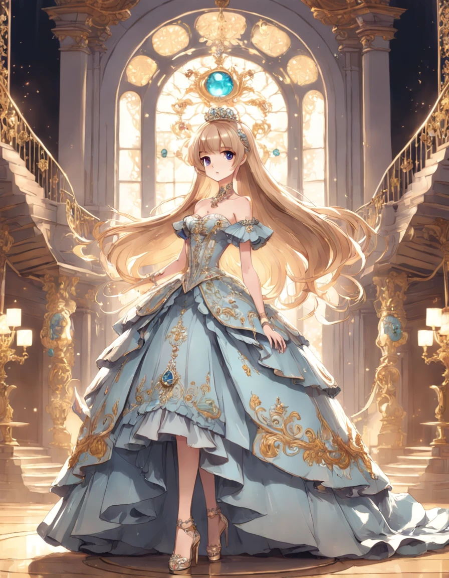 ((anime artstyle)),(Masterpiece),(Best Quality),(Super Detail),(Very Delicate and Beautiful),Solo,((full body,standing pose)),standing in the royal palace,((1 queen in gorgeous rococo ballgown with voluminous full length hoop skirt)),(crinoline),gorgeousfull embroidery,((gorgeous gemstone jewelry)),detailed face and eyes,jewel-like eyes,((large amount of straight hair,extremely Long voluminous Hair)),((gigantic tits,Long tits,skindentation)),gorgeousfull embroidery,cleavage,extremely gorgeousfull hair ornament,(bling-bling extremely gorgeousfull jeweled tiara),gorgeous corsage,(Dynamic Angle),Looking at viewer,((full body))