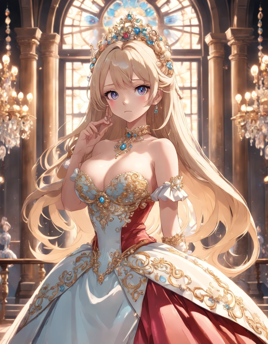 ((anime artstyle)),(Masterpiece),(Best Quality),(Super Detail),(Very Delicate and Beautiful),Solo,((full body,standing pose)),standing in the royal palace,((1 queen in gorgeous rococo ballgown with voluminous full length hoop skirt)),(crinoline),gorgeousfull embroidery,((gorgeous gemstone jewelry)),detailed face and eyes,jewel-like eyes,((large amount of straight hair,extremely Long voluminous Hair)),((gigantic tits,Long tits,skindentation)),gorgeousfull embroidery,cleavage,extremely gorgeousfull hair ornament,(bling-bling extremely gorgeousfull jeweled tiara),gorgeous corsage,(Dynamic Angle),Looking at viewer,((full body))