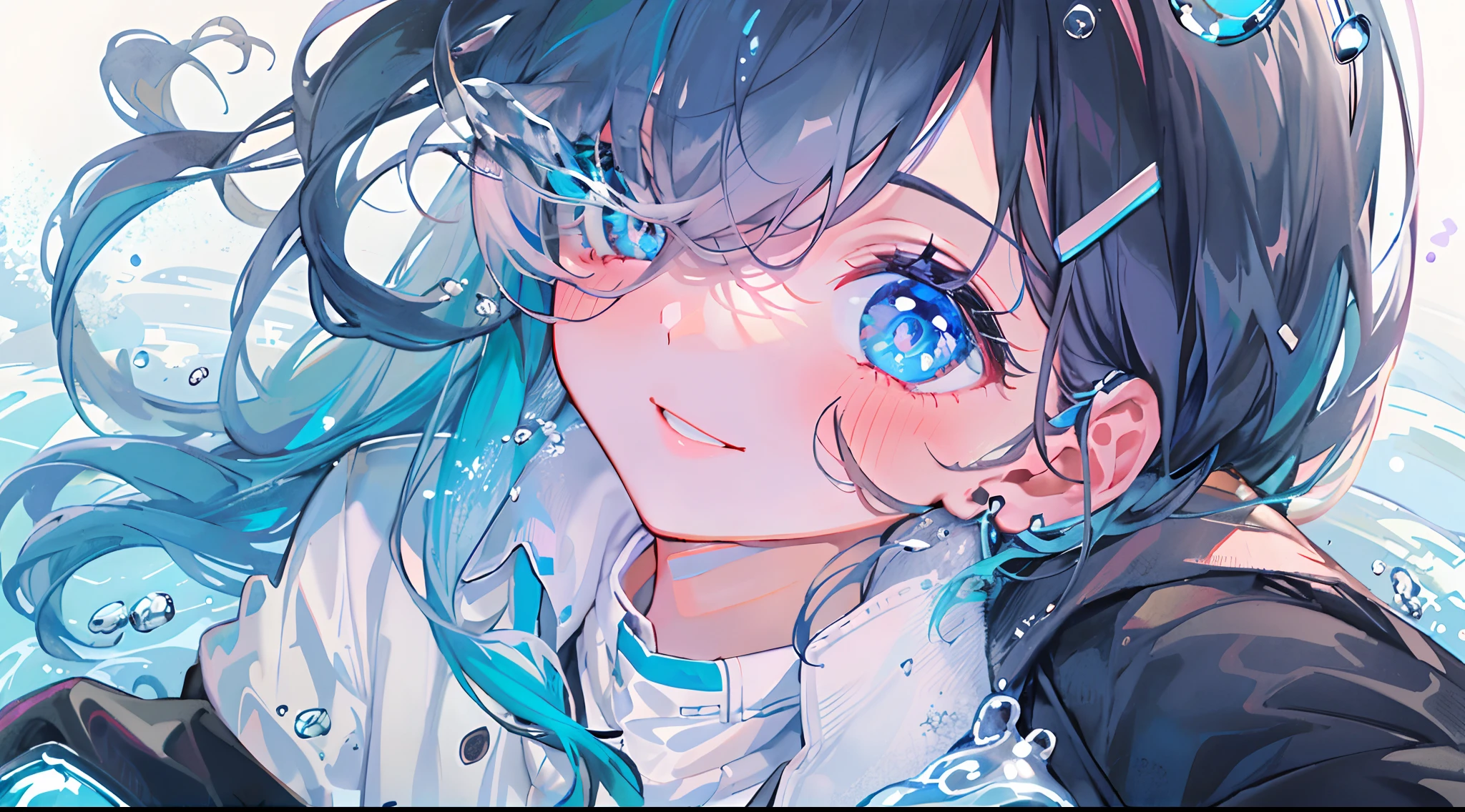 ((top-quality)), ((masterpiece)), ((ultra-detailliert)), (extremely delicate and beautiful), girl with, 独奏, cold attitude,((Black jacket)),She is very(relax)with the(Settled down)Looks,A dark-haired, depth of fields,evil smile,Bubble, under the water, Air bubble,bright light blue eyes,Inner color with light blue hair and dark blue tips,Cold background,Bob Hair - Linear Art, shortpants、knee high socks、White uniform like school uniform、Light blue ribbon ties、Clothes are sheer、Hands in pockets