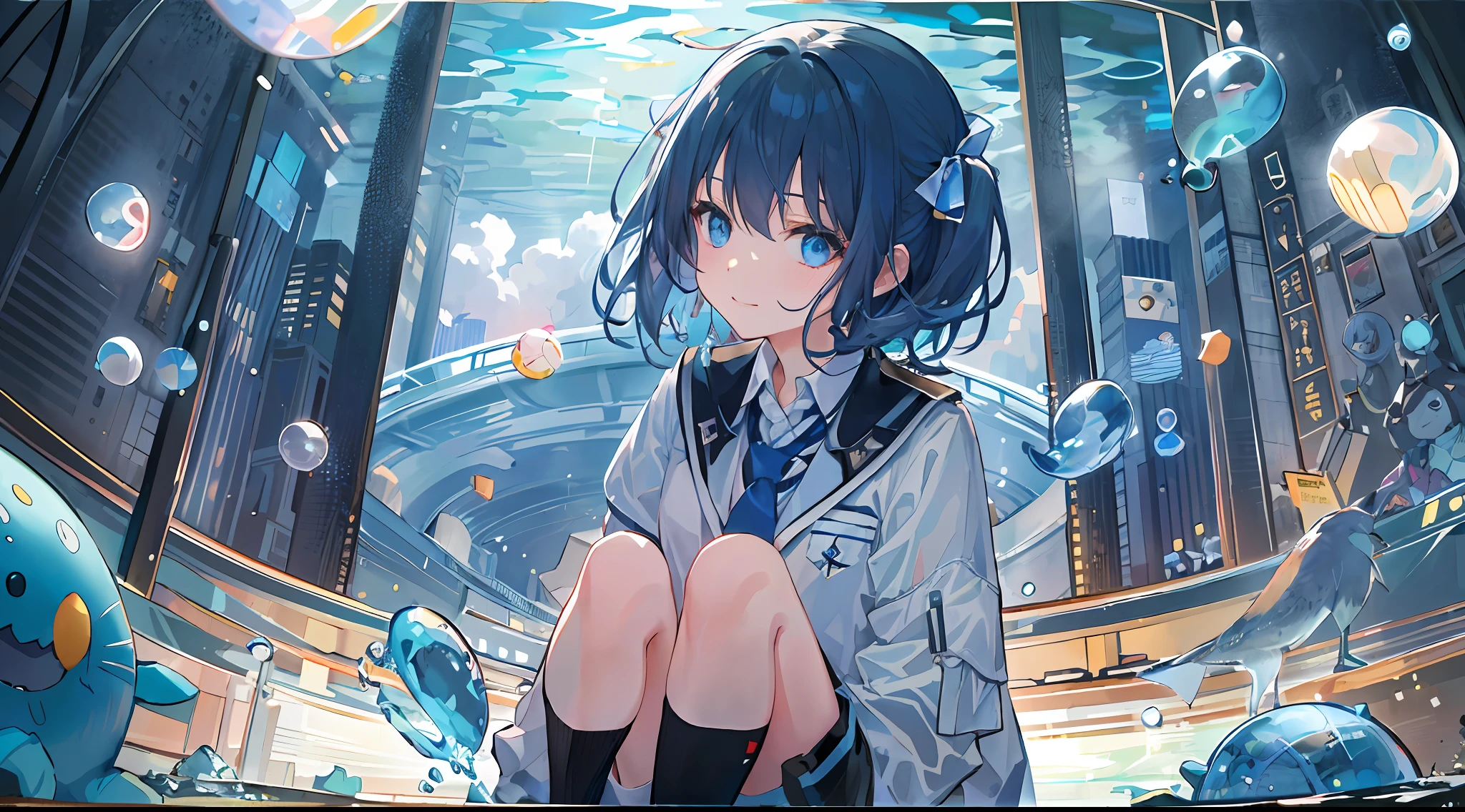 ((top-quality)), ((​masterpiece)), ((ultra-detailliert)), (extremely delicate and beautiful), girl with, 独奏, cold attitude,((Black jacket)),She is very(relax)with  the(Settled down)Looks,A dark-haired, depth of fields,evil smile,Bubble, under the water, Air bubble,bright light blue eyes,Inner color with light blue hair and dark blue tips,Cold background,Bob Hair - Linear Art, shortpants、knee high socks、White uniform like school uniform、Light blue ribbon ties、Clothes are sheer、Hands in pockets