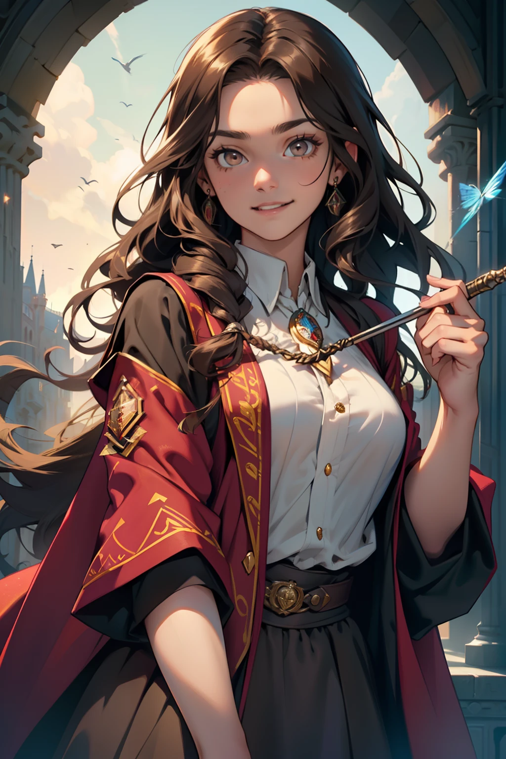 ((masterpiece:1.2), (best quality:1.2), looking at viewer, bare and fair skin,Wizarding world, shimmer reflected on hair, long hair fluttering in the wind, (wavy long hair), hair middle part, energetic , smily, happy , eauropean girl, dark brunette hair, Brown eyes, victorian simple dress, gryffindor, red color, active young girl holding wand, medium B cup breast, charming young lady, Gryffindor robe, harry potter style, light brown eyes