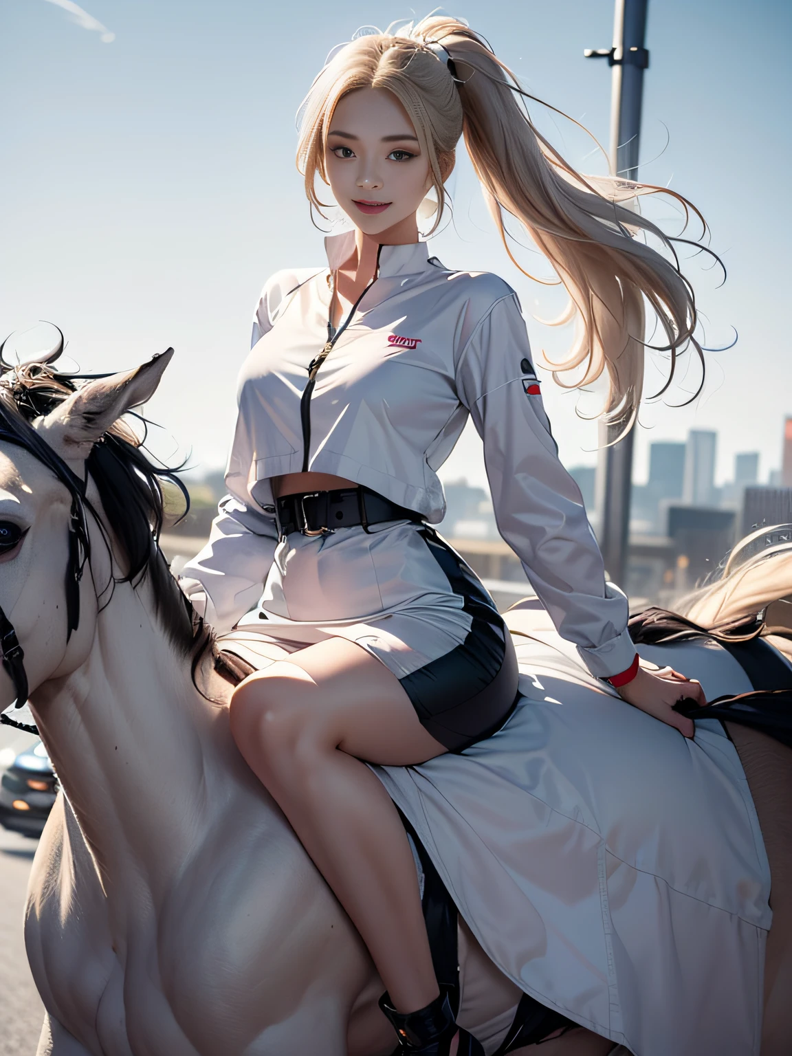 disney/ピクサーにインスピレーションを得たTitled映画ポスター "(Husband & equal)". (Girl has white skin、Brown and blond hair、two braids、Black high-leg swimsuit、red show jacket、horse and black). The scene must be in Pixar&#39;s distinctive digital art style, Titled "(fly high)"