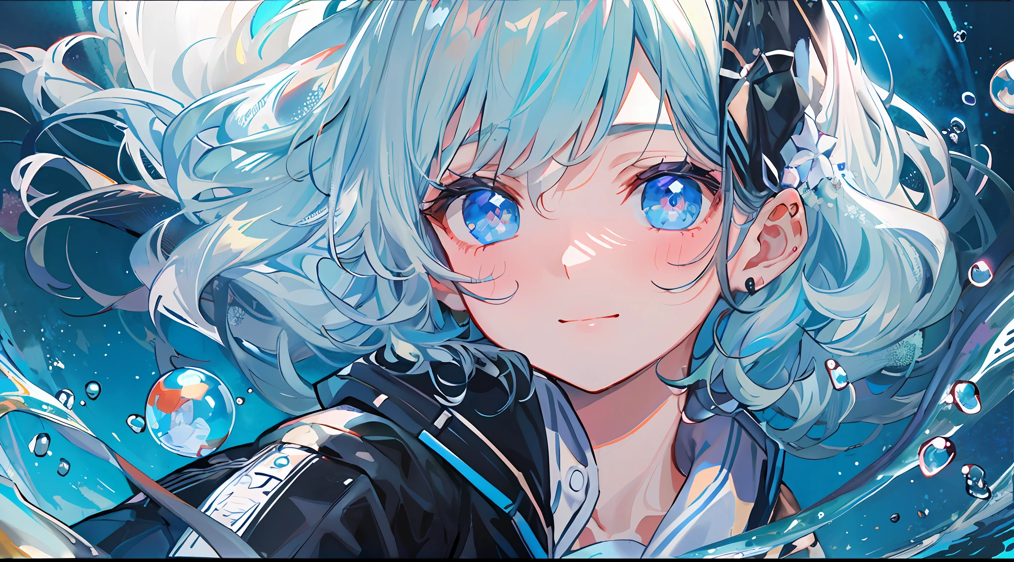 ((top-quality)), ((masterpiece)), ((ultra-detailliert)), (extremely delicate and beautiful), girl with, 独奏, cold attitude,((Black jacket)),She is very(relax)with the(Settled down)Looks,A dark-haired, depth of fields,evil smile,Bubble, under the water, Air bubble,bright light blue eyes,Inner color with light blue hair and dark blue tips,Cold background,Bob Hair - Linear Art, shortpants、knee high socks、White uniform like school uniform、Light blue ribbon ties、Clothes are sheer、Hands in pockets