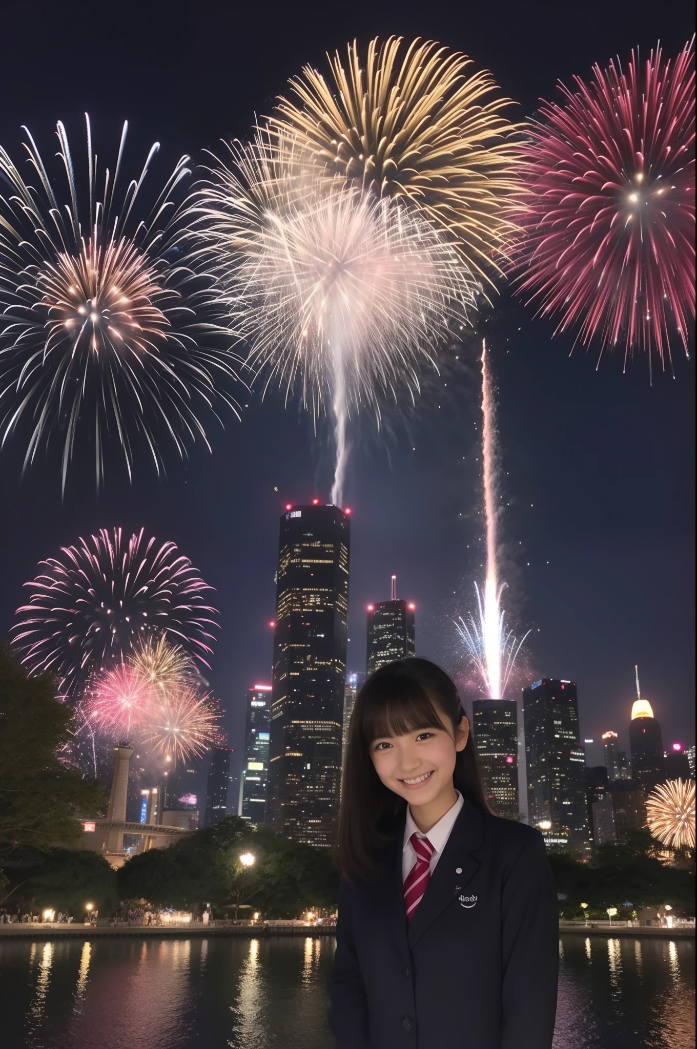 A smile、hi-school girl、校服、While doing fireworks、mare、Tokyo Skytree、cherry trees、a moon