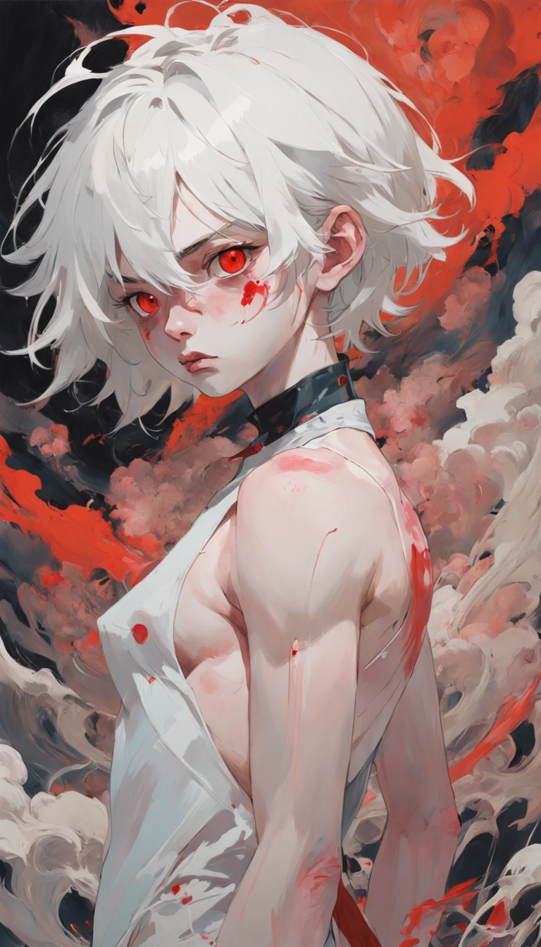 young boy with white hair and red eyes, There is ugliness in beauty, But there is also beauty in ugliness, In the style of Adrian Ghenie, Esao Adrews, Jenny Saville, Edward Hopper, surrealism, Dark Art par James Jean, Takato Yamato, Minimalism inkpunk