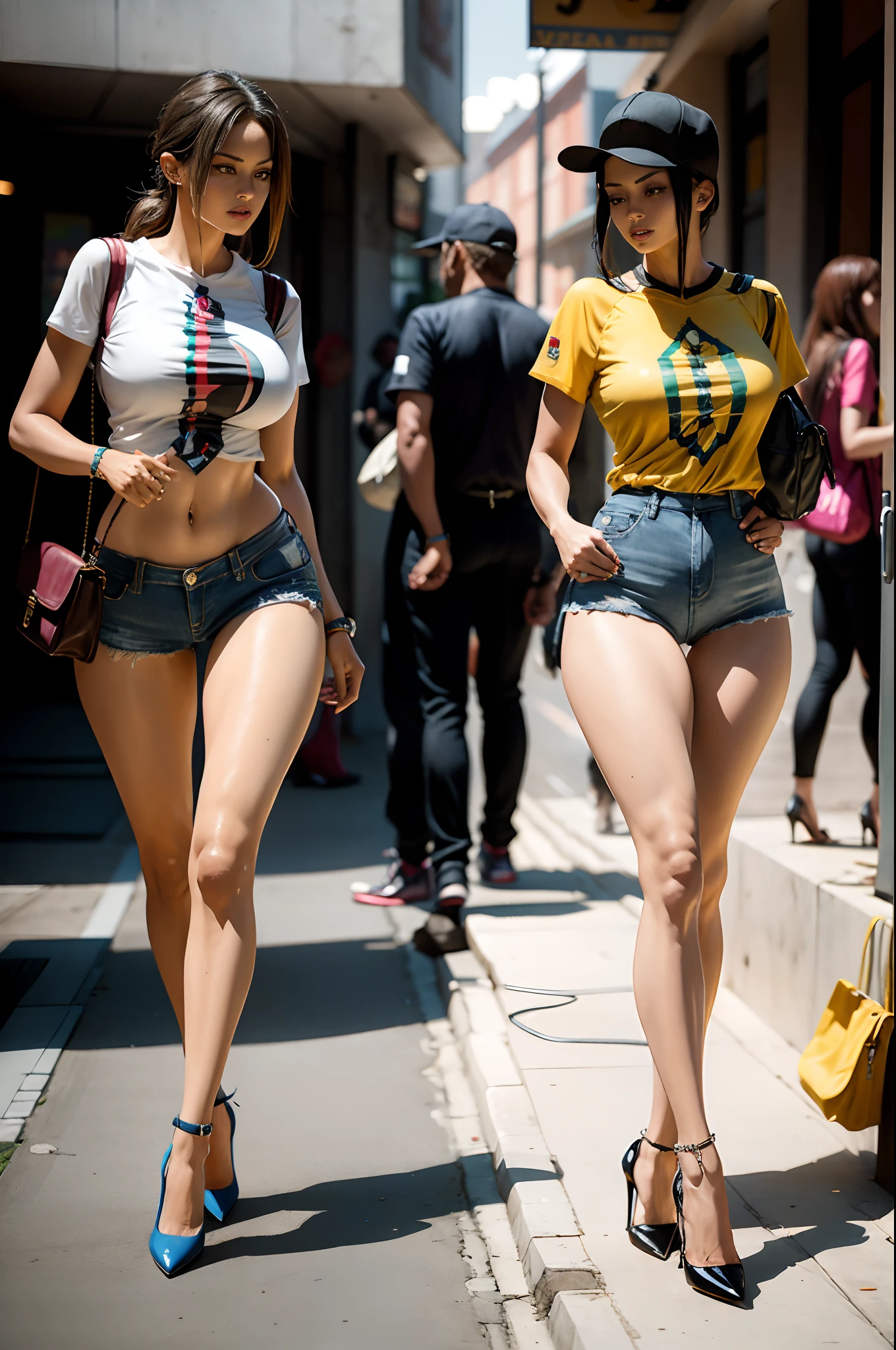 Beautiful woman with mobile phone, brazilan supermodel,On the World Cup match site,Wearing yellow T-shirt and denim shorts,Wear high heels
