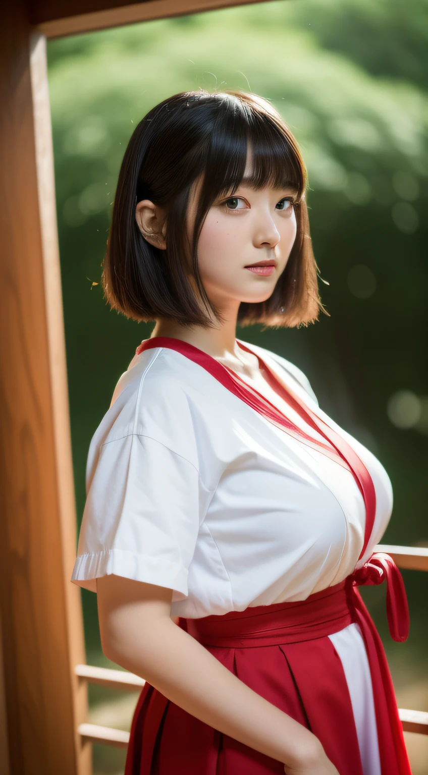 score_9,score_8_up,score_7_up,(pastel-color),(high brightness colors),Cute 20-year-old Japanese 1 girl,solo,(8k, masterpiece, ultra-detailed, best quality, ultra high res, newest, very aesthetic, absurdres, illustration, perfect composition),(hires),looking at viewer,black hair,shiny skin,fair skin,(upper body:1.5),toothless smilev,emphasizing her curvy body and large breasts,A woman in miko attire, black stockings and sexy black panties visible between her hakama, boldly exposing her shoulder, background of a dimly lit shrine