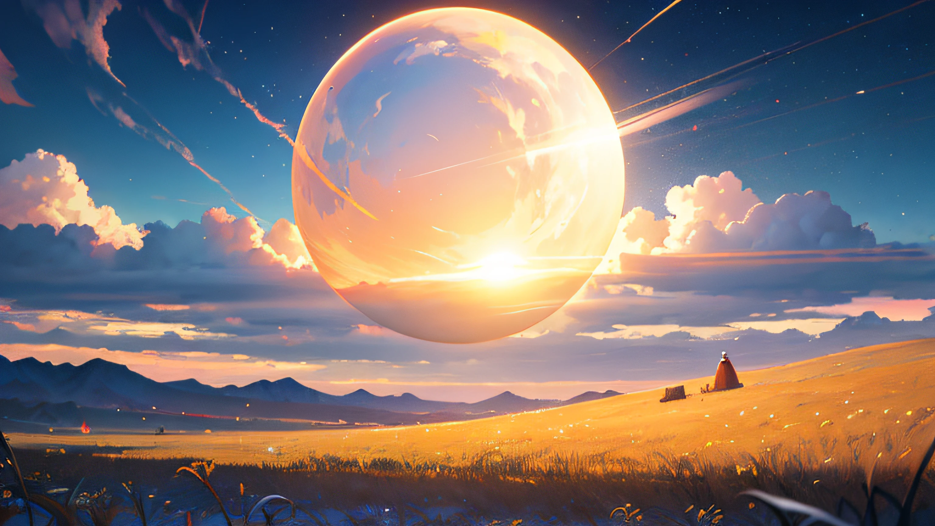 夏天，grassy fields，Few florets，clear lakes，sheeps，a paradise，large clouds，There is a light in the night，scorching weather，high definition detail，hyper-detailing，cinematic ligh，ultra-realistic realism，the soft light，Deep field focus bokeh，The vista is snow-capped mountains，Ray tracing and surrealism。 --v6