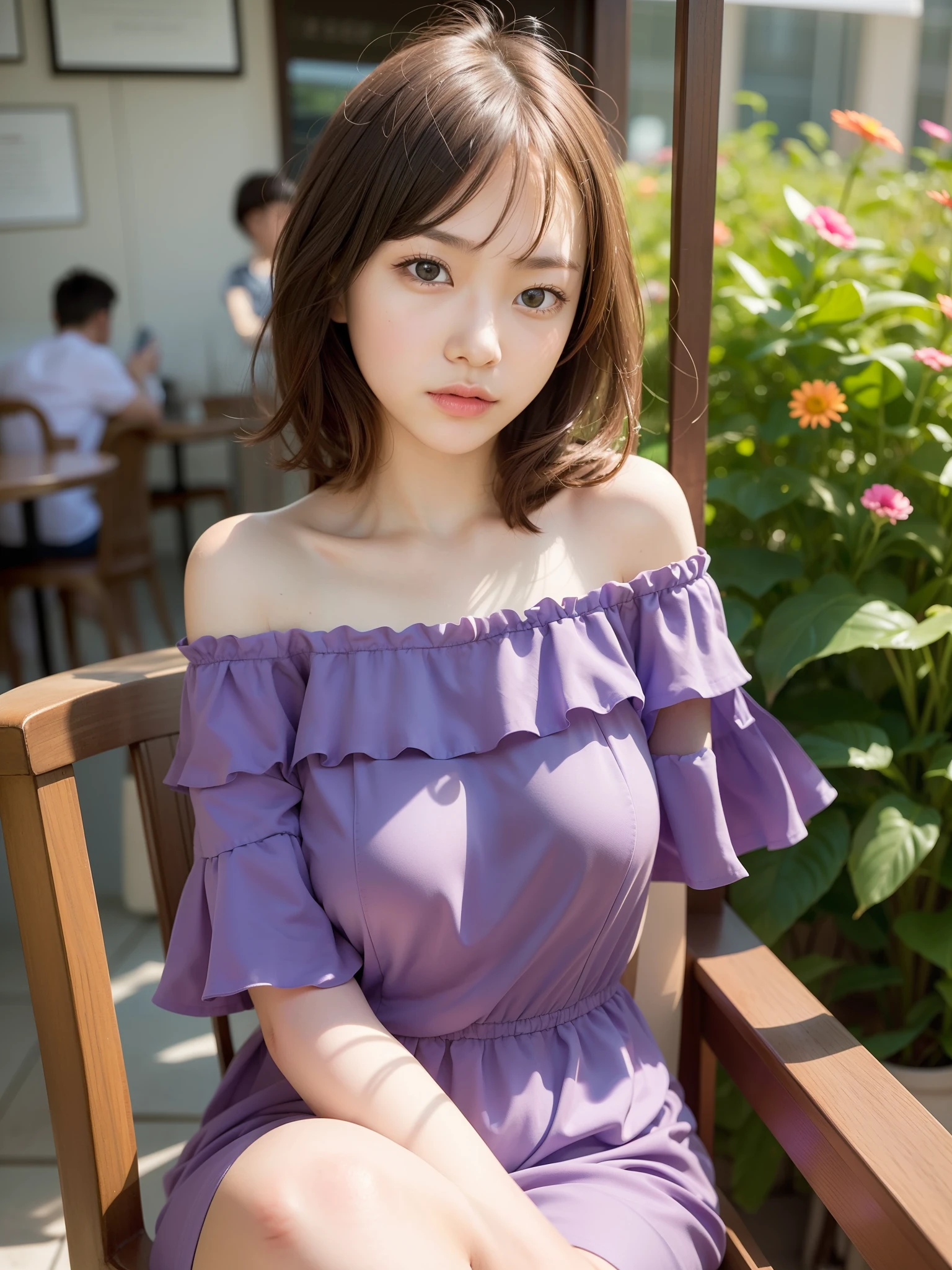 ((of the highest quality, 8K, masutepiece: 1.3, Raw photo)), Sharp Focus: 1.2, (1 AESPA Girl :1.1), Solo, (Realistic, Photorealistic: 1.37), (Face Focus: 1.1), Cute face, hyperdetailed face, brunette short messy hair, Small Smile, slender, nude, (Off-the-shoulder chiffon dress: 1.2), check skirt, (Sitting with one knee up: 1.3), cafe, panties, flower, dahlia