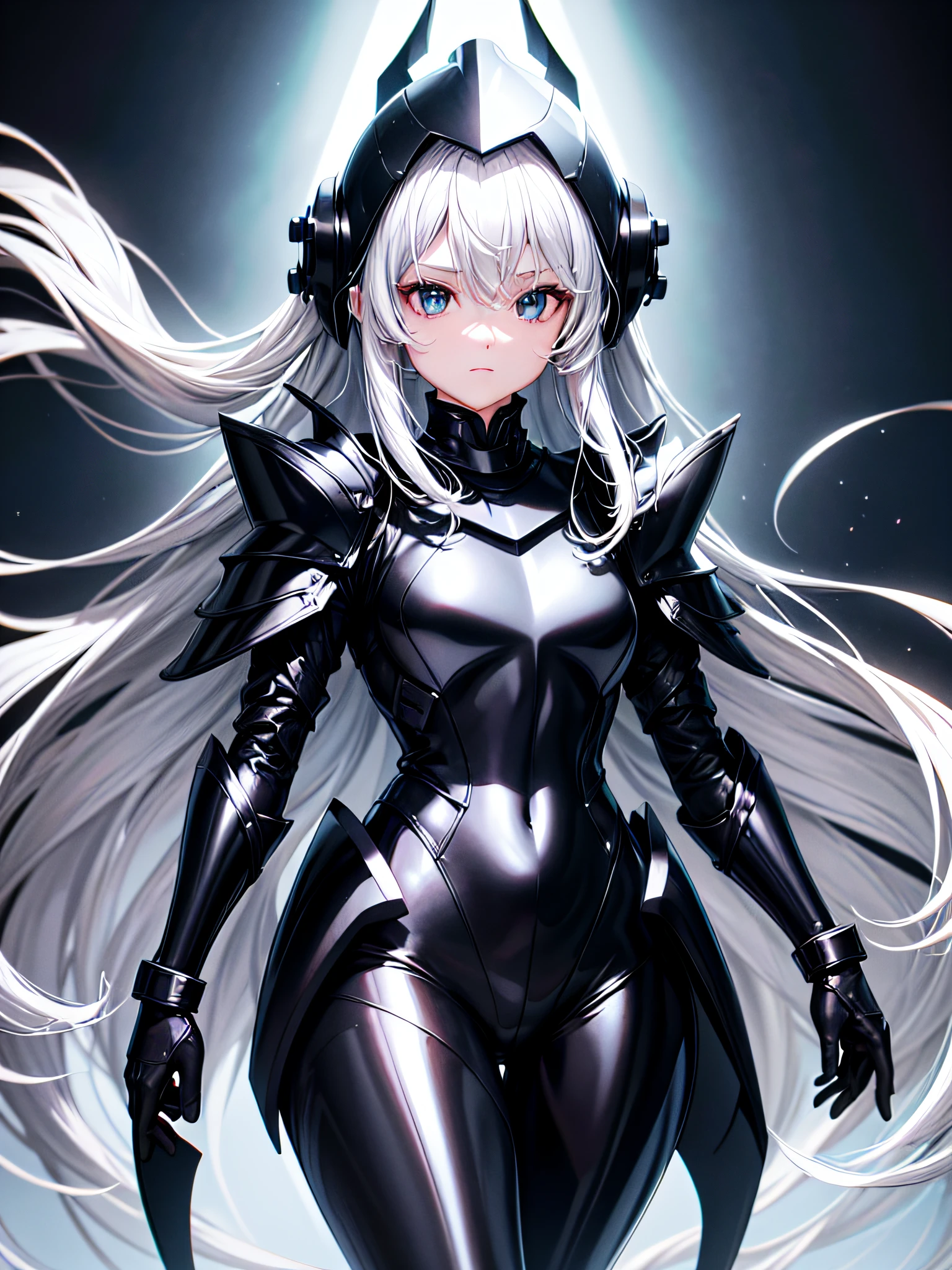 8K UHD、Silver-haired and small-nosed beauty in a black shiny black full-body rider suit wearing a black full-face helmet that covers the entire head is standing with her legs open facing the front、Wearing full black shiny armor、Upper Body Up