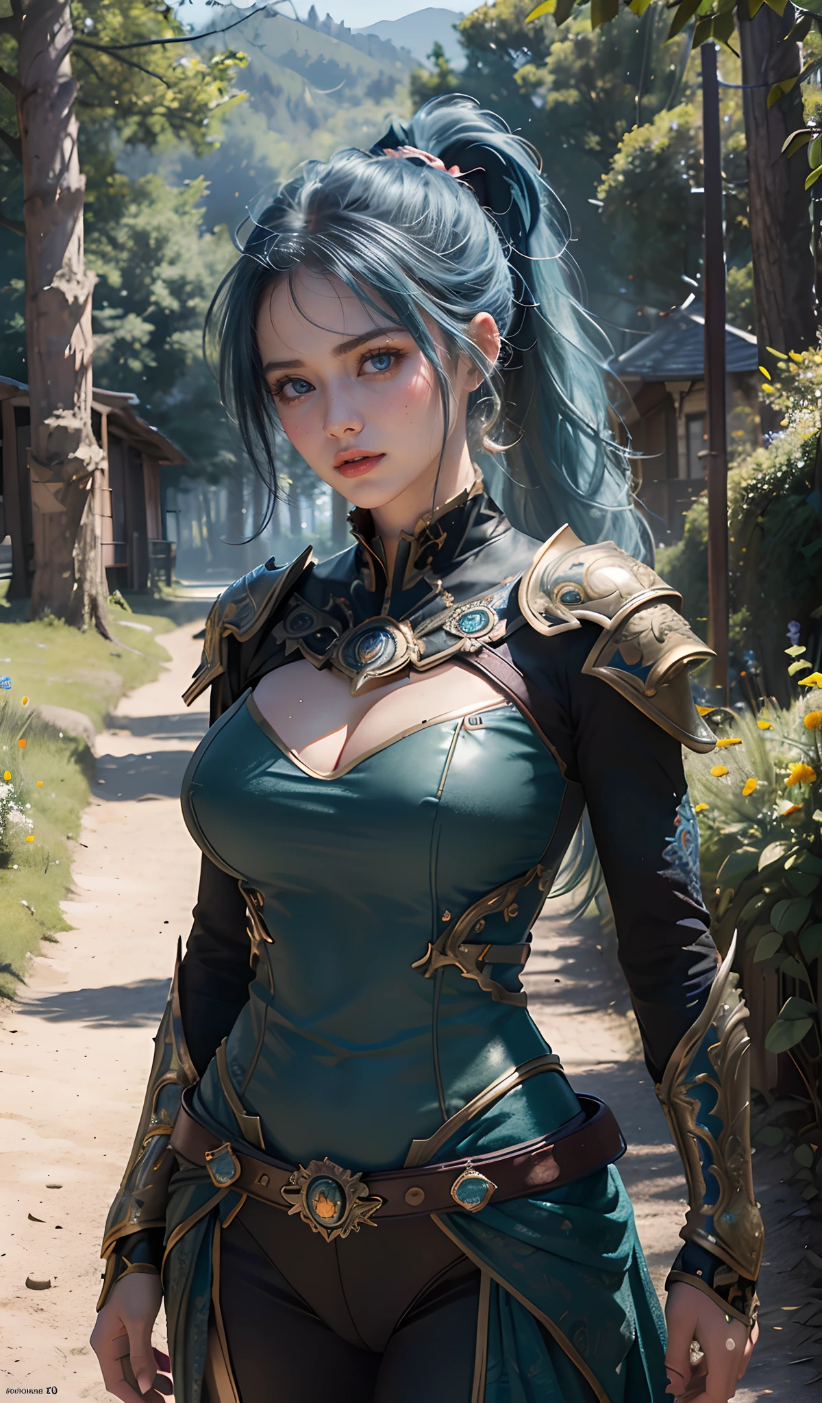 (8K, best quality:1.2), (masterpiece:1.37), (photo, photorealistic:1.37), (ultrahigh-res), full body shot, half body, walking pose, shot from front, slow motion, female paladin wearing the full body, (black armour:0.5), (big breasts:1.3), (ornately decorated armor), (insanely detailed, bloom:1.5), (highest quality, Alessandro Casagrande, Greg Rutkowski, Sally Mann, concept art, 4k), (analog:1.2), (high sharpness), (detailed pupils:1.1), (big breasts:1.1), detailed face and eyes, Masterpiece, best quality, (highly detailed photo:1.1), (short Blue Hair, ponytail,ecstatic:1.1), (young woman:1.1), sharp, (perfect body:1.8), realistic, real shadow, 3d, (forest background:1.2), arms crossed over the chest 
photographed by Canon EOS R6, 135mm, 1/1250s, f/2.8, ISO 400