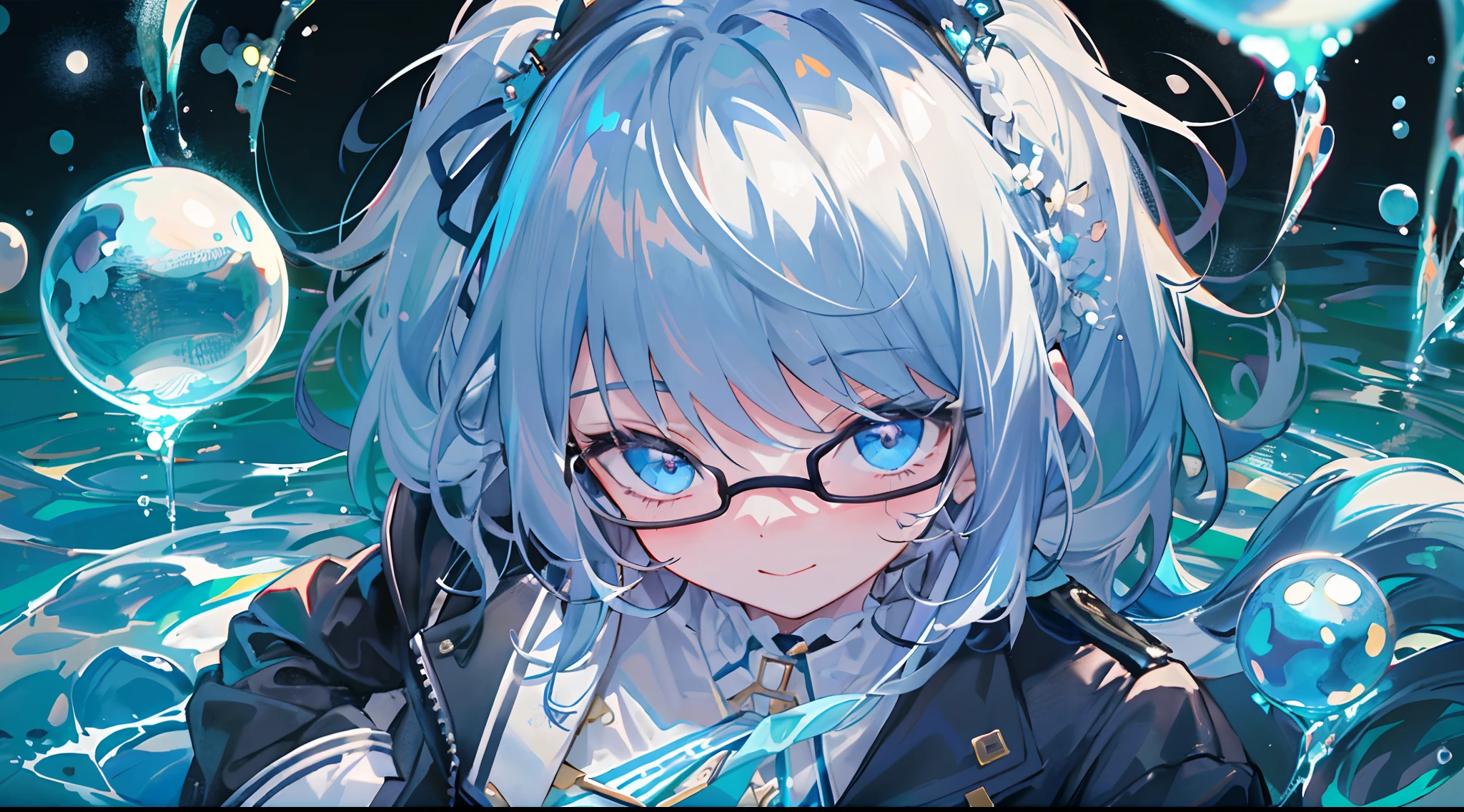 ((top-quality)), ((masterpiece)), ((ultra-detailliert)), (extremely delicate and beautiful), girl with, 独奏, cold attitude,((Black jacket)),She is very(relax)with the(Settled down)Looks,A dark-haired, depth of fields,evil smile,Bubble, under the water, Air bubble,bright light blue eyes,Inner color with light blue hair and dark blue tips,Cold background,Bob Hair - Linear Art, shortpants、knee high socks、White uniform like school uniform、Light blue ribbon ties、Clothes are sheer、Hands in pockets