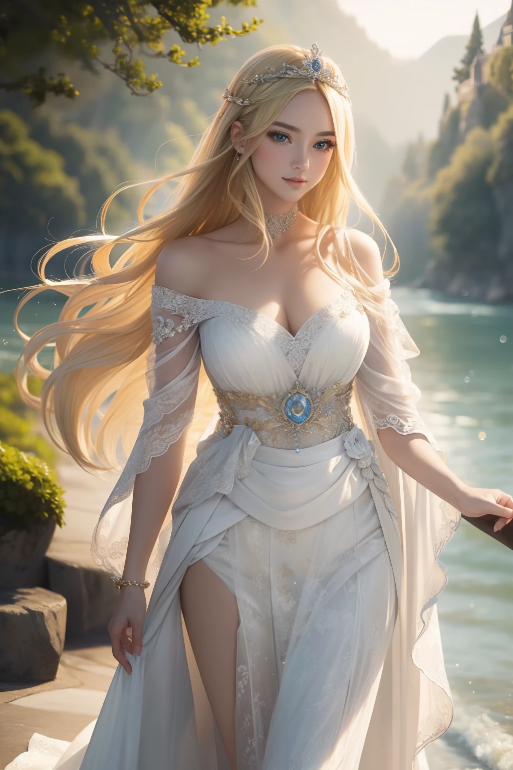 ((top-quality、​masterpiece、photographrealistic:1.4、8K))、1 beautiful detailed girl with blonde hair、extremely detailed eye and face、beatiful detailed eyes、（Greek mythological style dress、Princess）、Luxury Accessories、Elegant smile、（Princess walking gracefully on the shore、A magnificent forest in the background）、Cinematic lighting、Textured skin、Super Detail、high detailing、High quality、hight resolution、（looking at the viewers）、mystic atmosphere、a bird